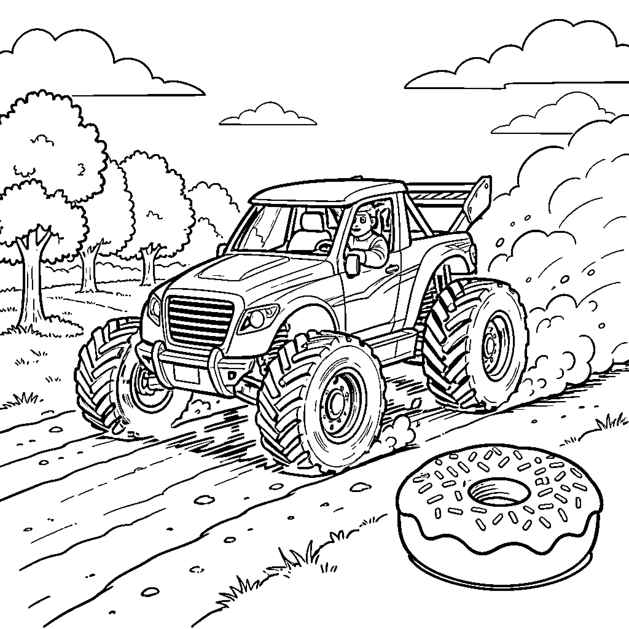 Crawler Car Off-Road Adventure Coloring Page (free black-and-white line drawing printable PDF for all, from beginners to advanced learners, including children, teens, adults, and seniors)