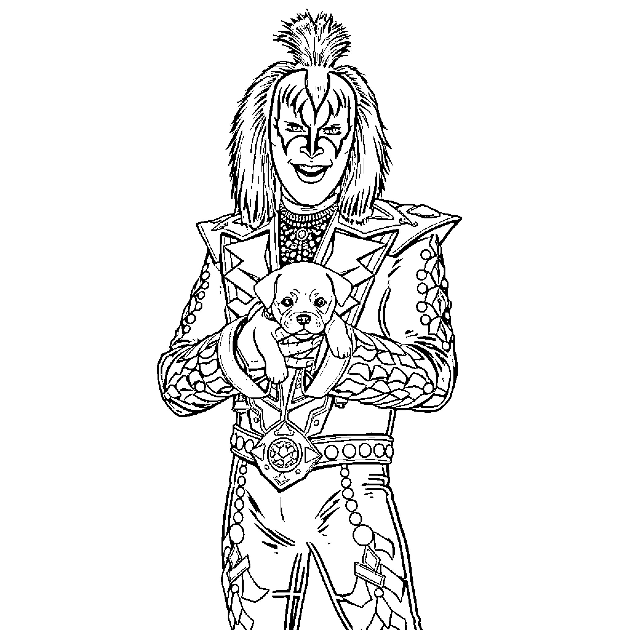 Gene Simmons in Iconic Rock Star Outfit Holding Puppy Coloring Page (free black-and-white line drawing printable PDF for all, from beginners to advanced learners, including children, teens, adults, and seniors)