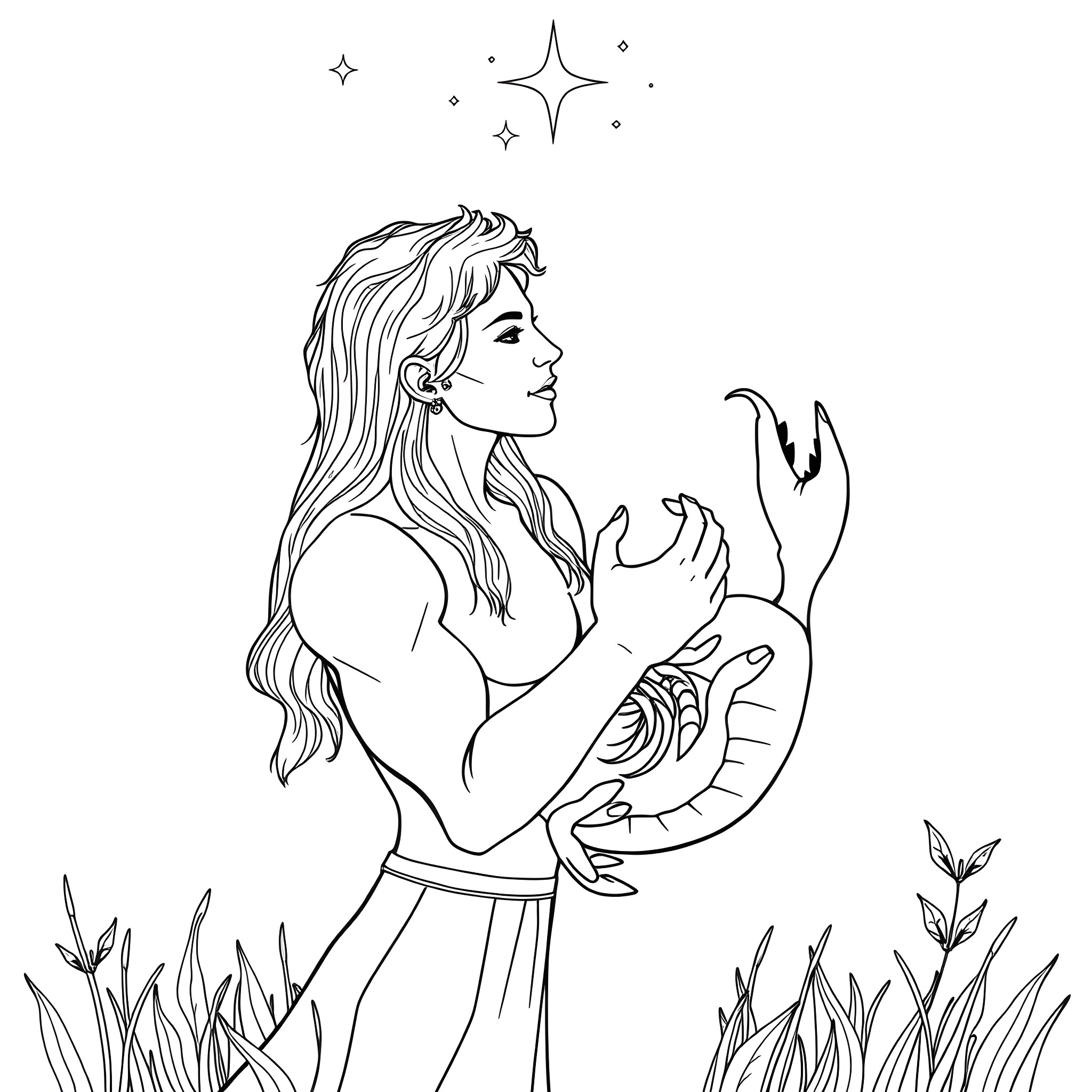 Scorpio Zodiac Warrior in Mystical Nature Coloring Page (free black-and-white line drawing printable PDF for all, from beginners to advanced learners, including children, teens, adults, and seniors)