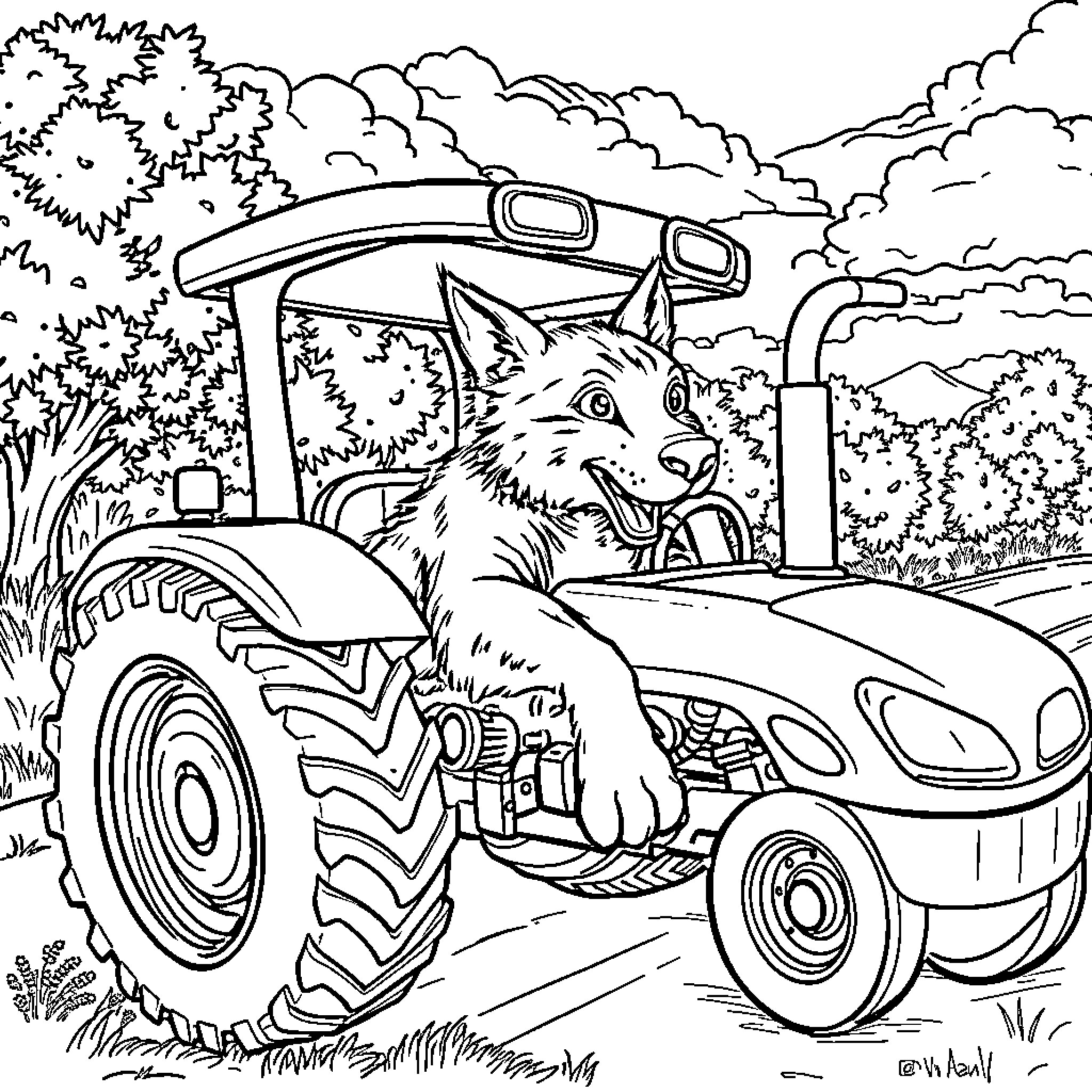Perro riding tractor through countryside landscape Coloring Page (free black-and-white line drawing printable PDF for all, from beginners to advanced learners, including children, teens, adults, and seniors)