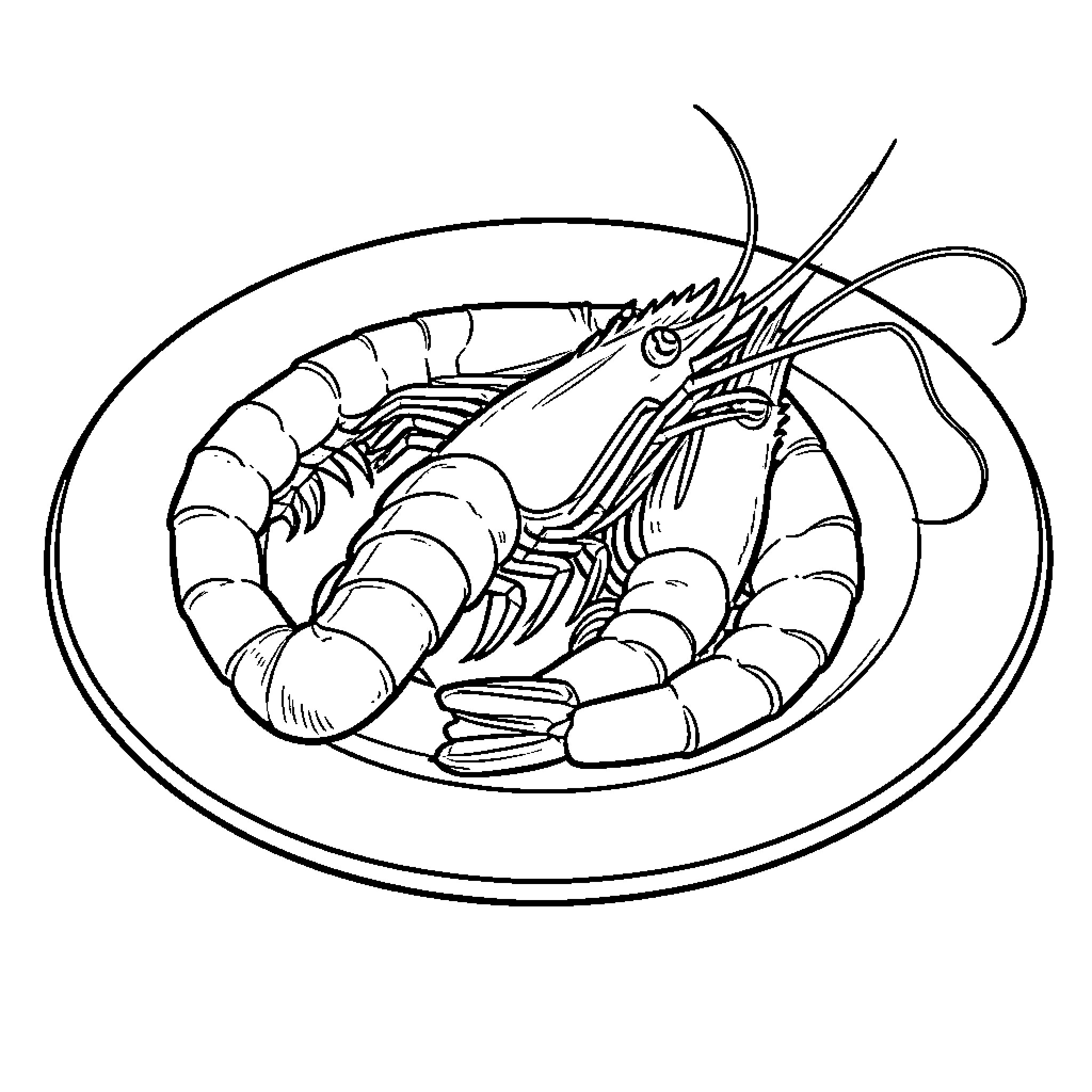 Shrimp served on a large round plate Coloring Page (free black-and-white line drawing printable PDF for all, from beginners to advanced learners, including children, teens, adults, and seniors)