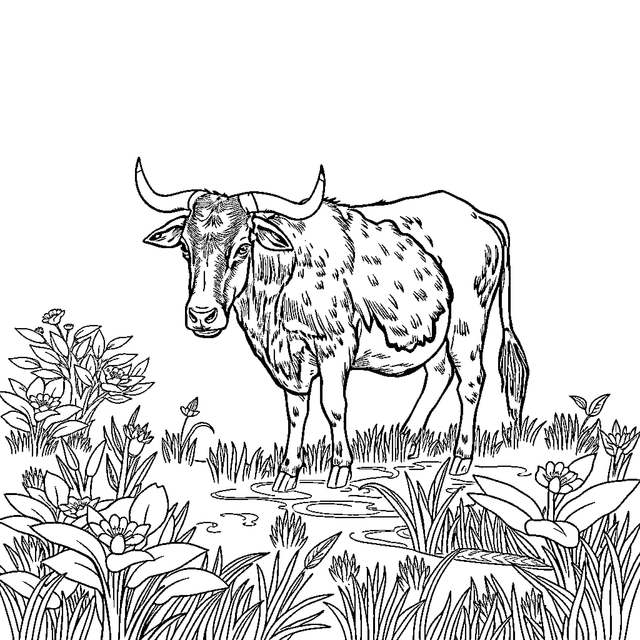 Cow standing in a meadow with flowers Coloring Page (free black-and-white line drawing printable PDF for all, from beginners to advanced learners, including children, teens, adults, and seniors)
