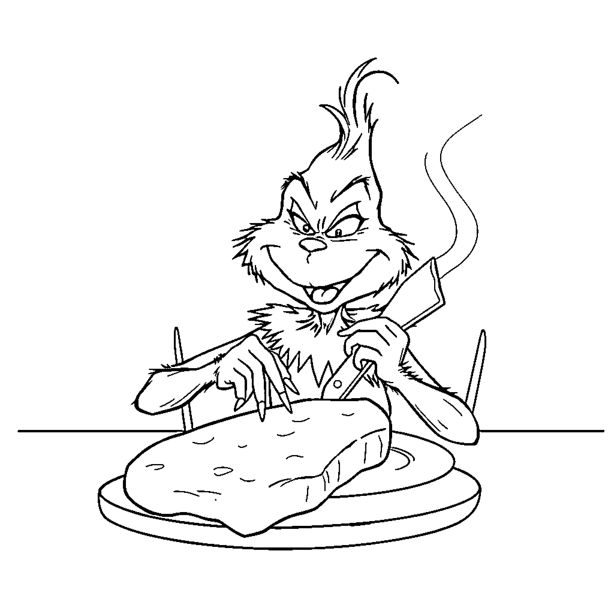 Grinch enjoying a hearty meal with mischievous glee Coloring Page (free black-and-white line drawing printable PDF for all, from beginners to advanced learners, including children, teens, adults, and seniors)