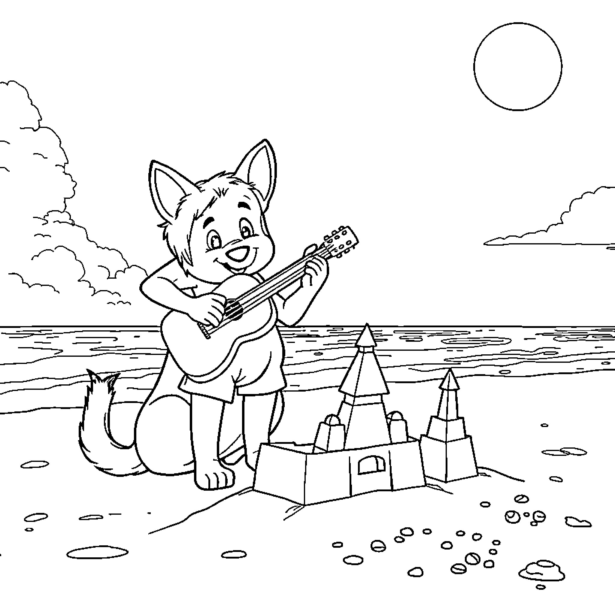 Dog playing guitar on the beach Coloring Page (free black-and-white line drawing printable PDF for all, from beginners to advanced learners, including children, teens, adults, and seniors)