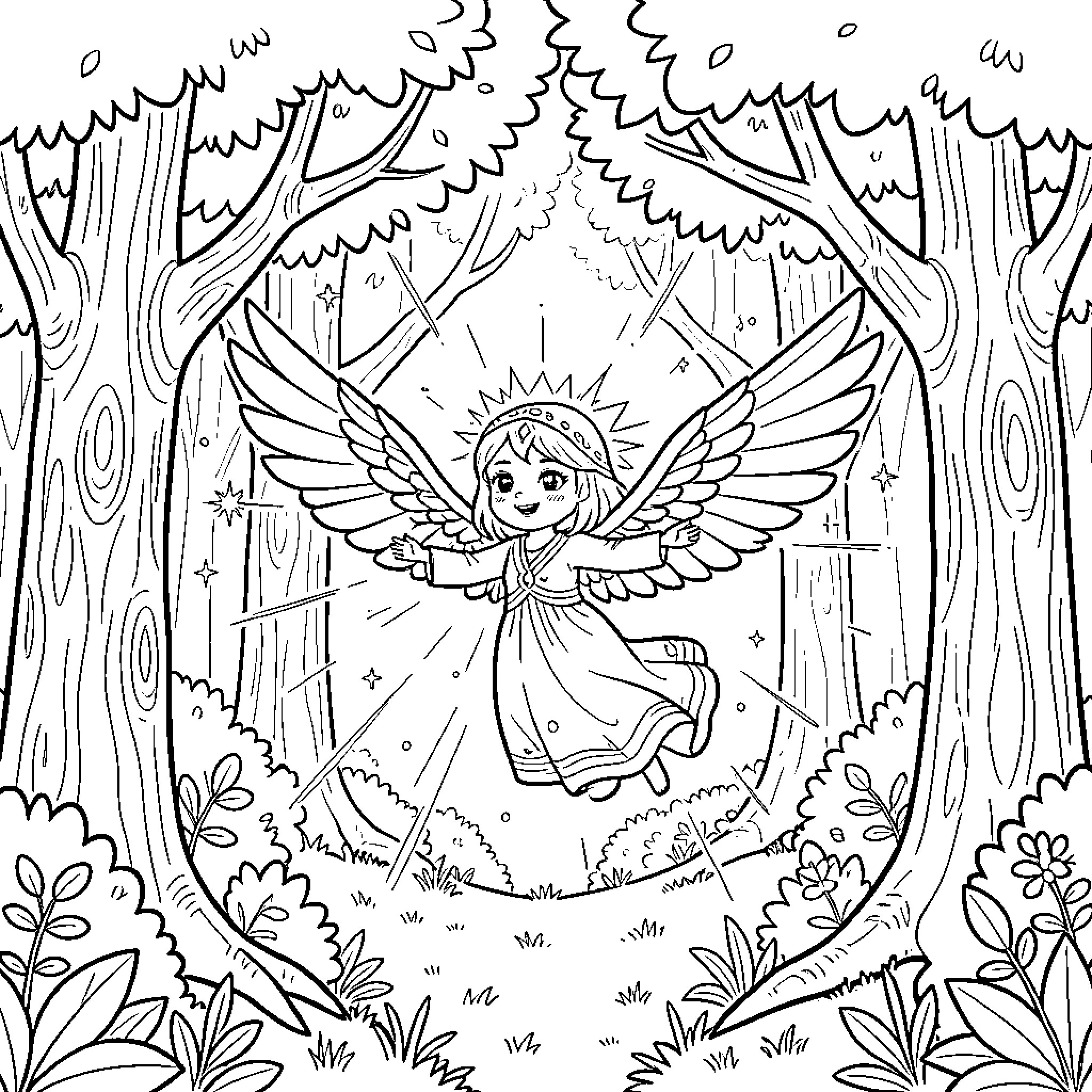 Hada the Enchanted Forest Angel Coloring Page (free black-and-white line drawing printable PDF for all, from beginners to advanced learners, including children, teens, adults, and seniors)