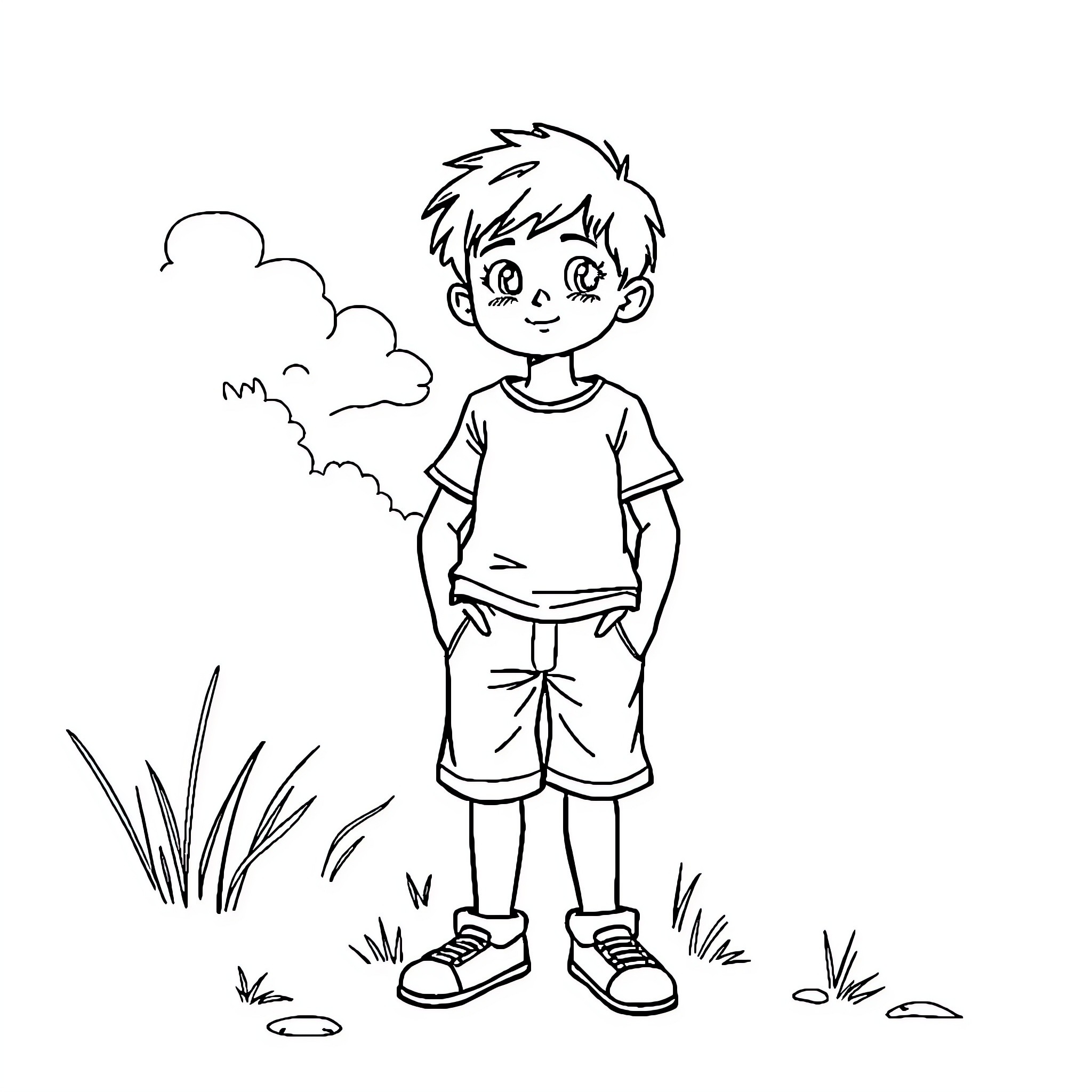 Teen boy in casual outfit outdoors Coloring Page (free black-and-white line drawing printable PDF for all, from beginners to advanced learners, including children, teens, adults, and seniors)