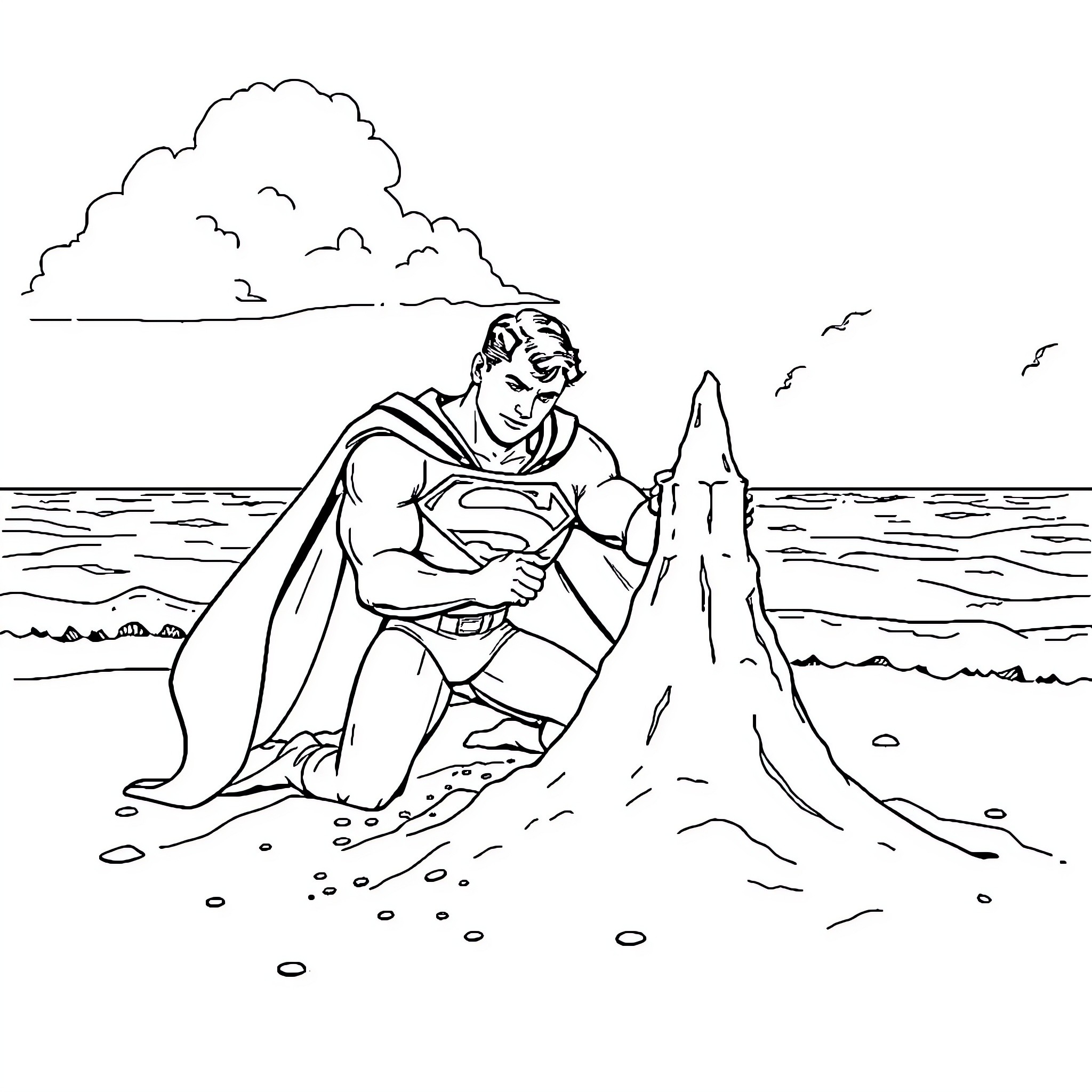 Superman protecting the shore from danger Coloring Page (free black-and-white line drawing printable PDF for all, from beginners to advanced learners, including children, teens, adults, and seniors)