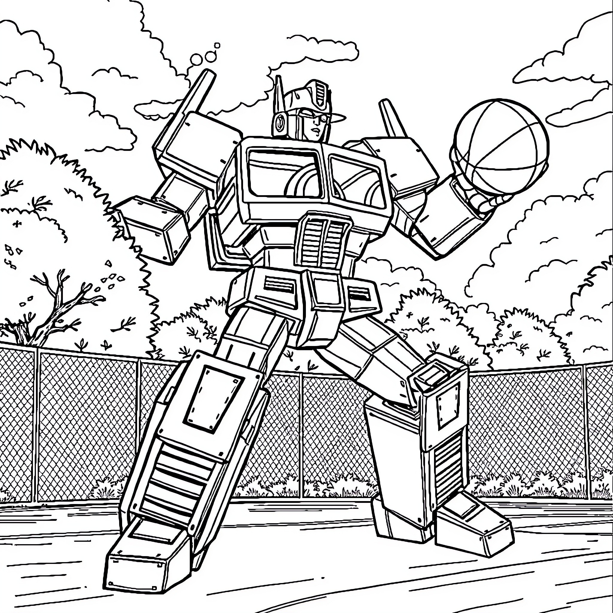 Optimus Prime in heroic robot form Coloring Page (free black-and-white line drawing printable PDF for all, from beginners to advanced learners, including children, teens, adults, and seniors)