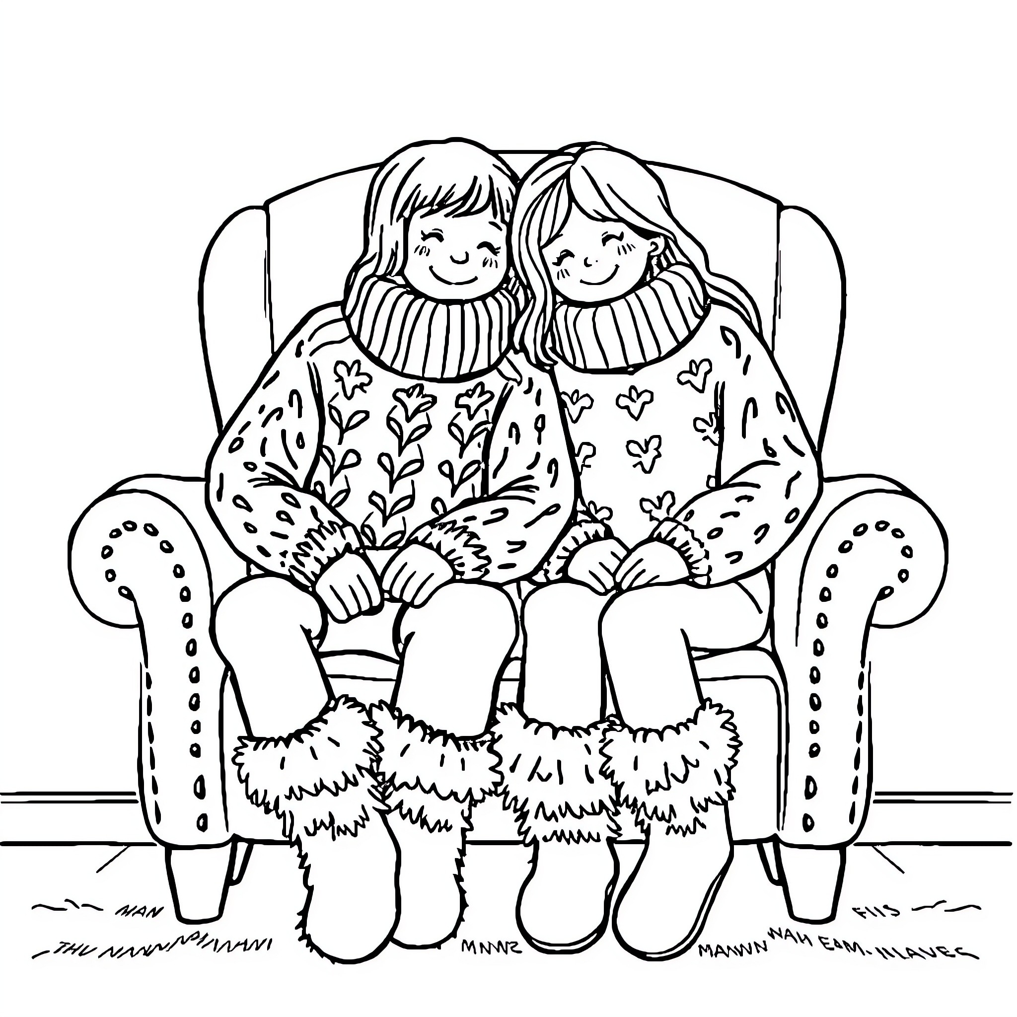 Sweater-wearing friends enjoying cozy chat Coloring Page (free black-and-white line drawing printable PDF for all, from beginners to advanced learners, including children, teens, adults, and seniors)