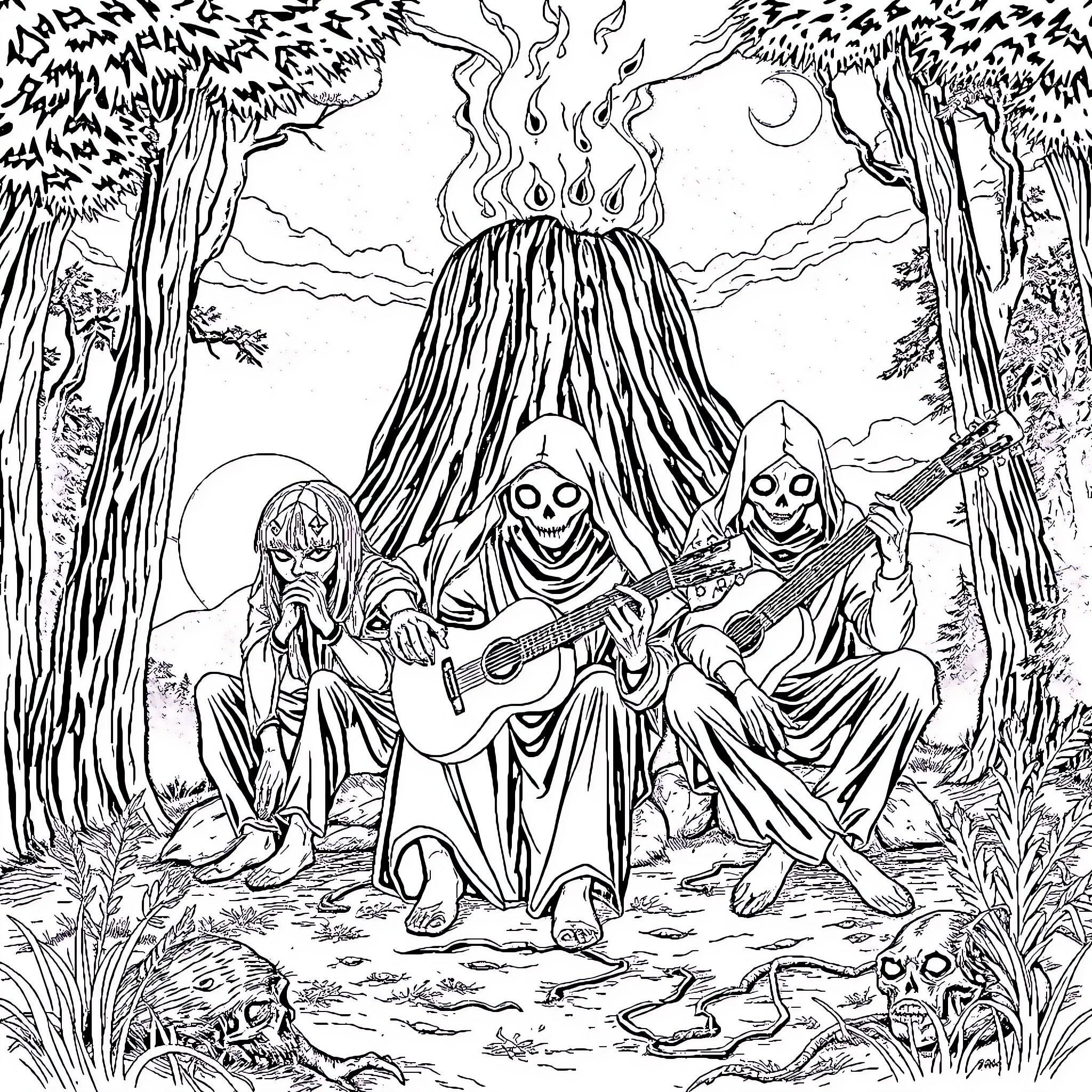 Ghost Hunters Encounter Supernatural Forces in the Eerie Forest Coloring Page (free black-and-white line drawing printable PDF for all, from beginners to advanced learners, including children, teens, adults, and seniors)