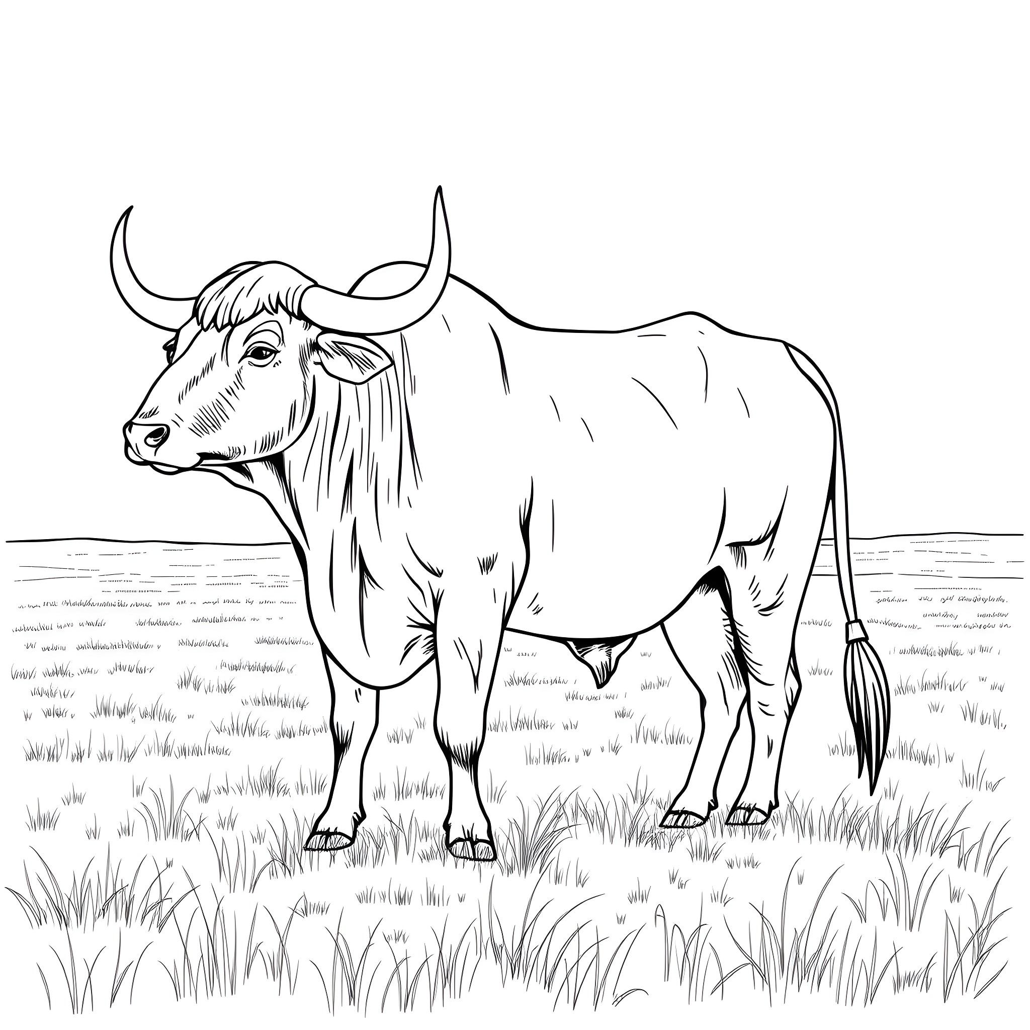 Ox standing in a grassy field Coloring Page (free black-and-white line drawing printable PDF for all, from beginners to advanced learners, including children, teens, adults, and seniors)