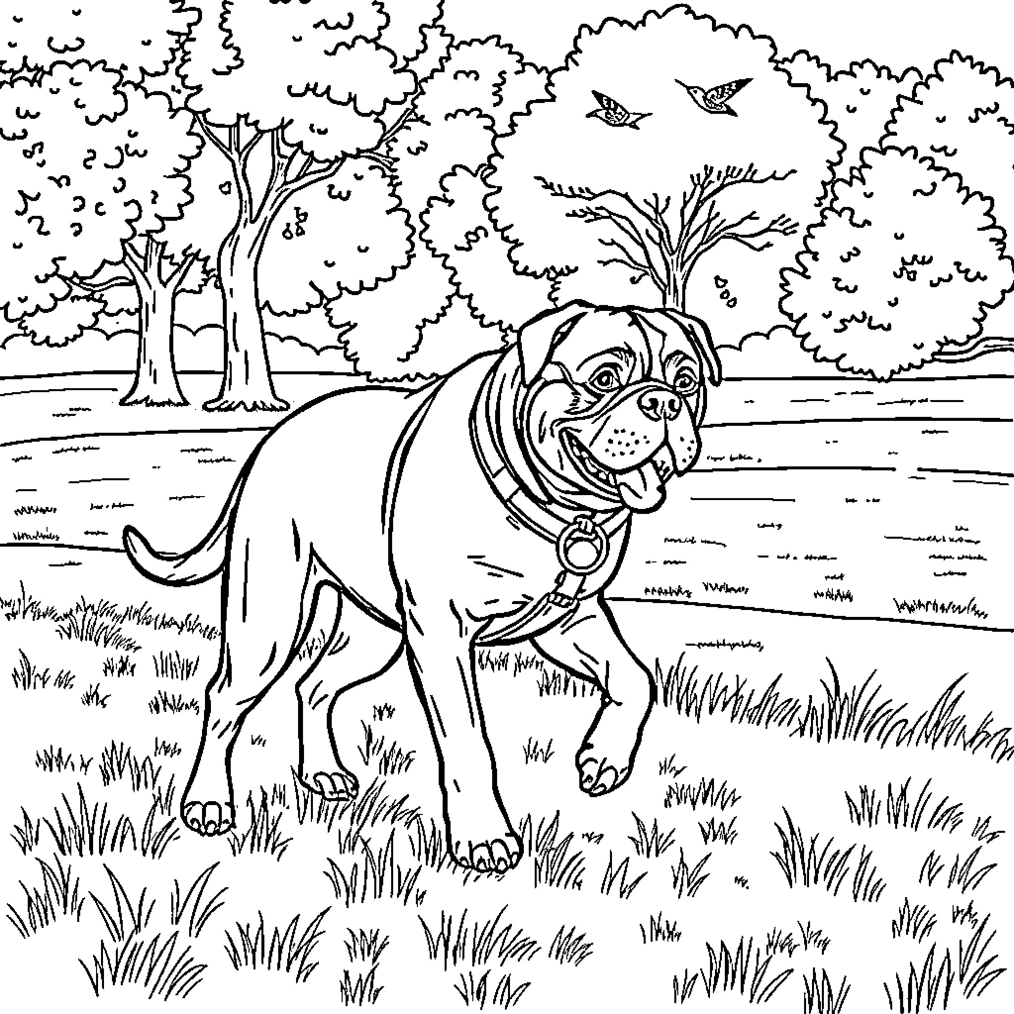 Rottweiler exploring the outdoors Coloring Page (free black-and-white line drawing printable PDF for all, from beginners to advanced learners, including children, teens, adults, and seniors)