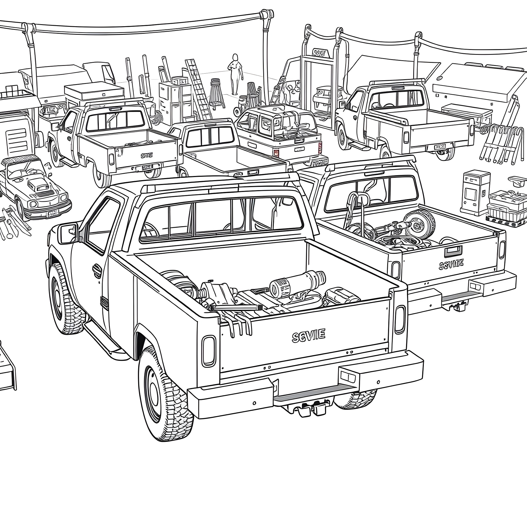 Pickup Bed Packed with Tools and Gear Coloring Page (free black-and-white line drawing printable PDF for all, from beginners to advanced learners, including children, teens, adults, and seniors)