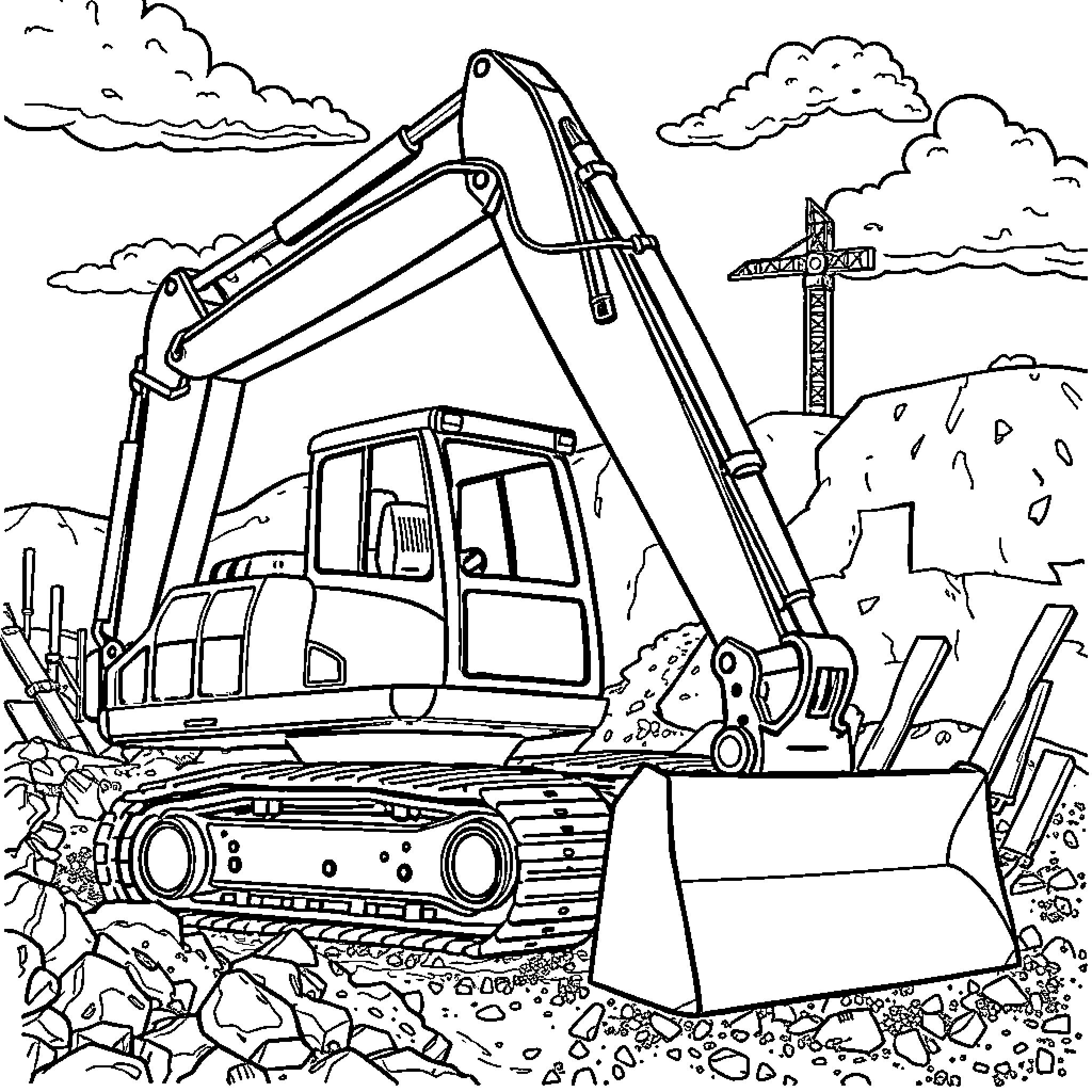 Excavator digging on construction site with cranes Coloring Page (free black-and-white line drawing printable PDF for all, from beginners to advanced learners, including children, teens, adults, and seniors)