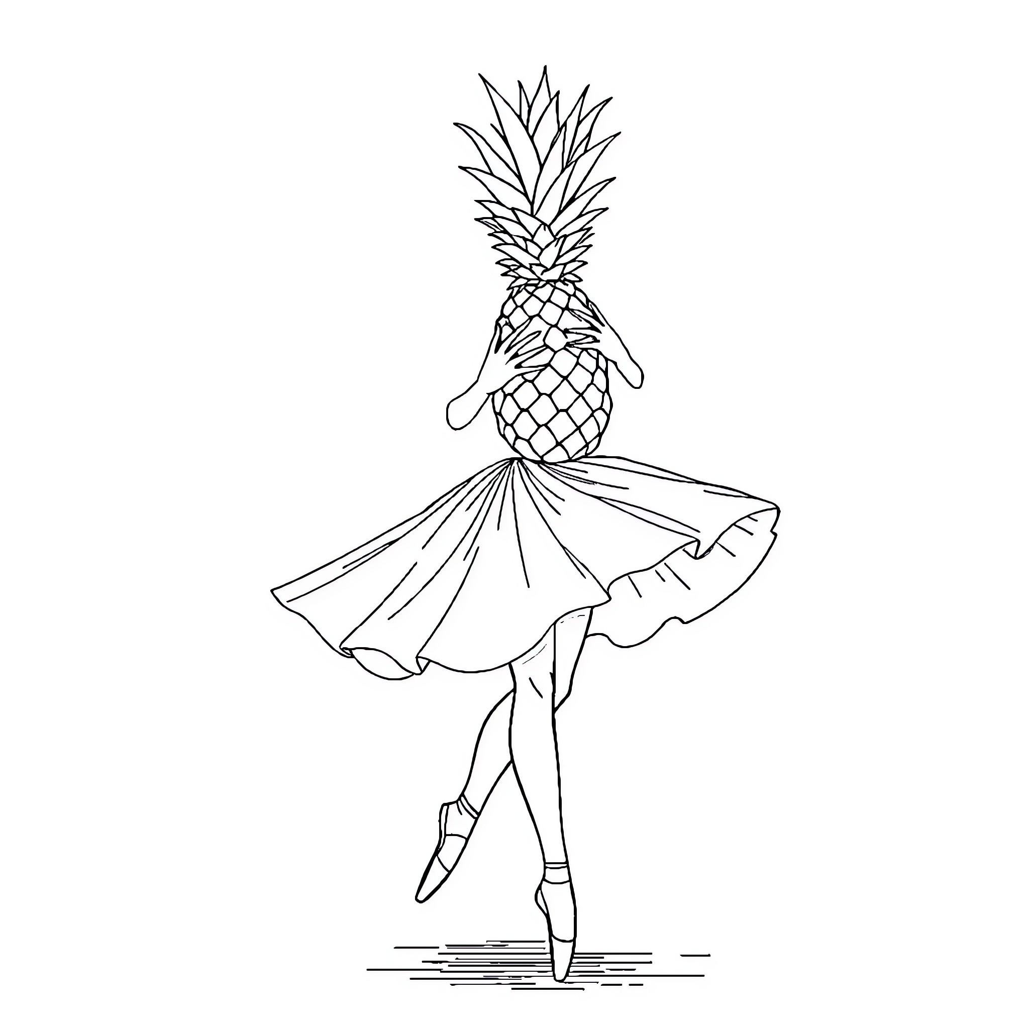 Ballerina performing with pineapple headpiece Coloring Page (free black-and-white line drawing printable PDF for all, from beginners to advanced learners, including children, teens, adults, and seniors)