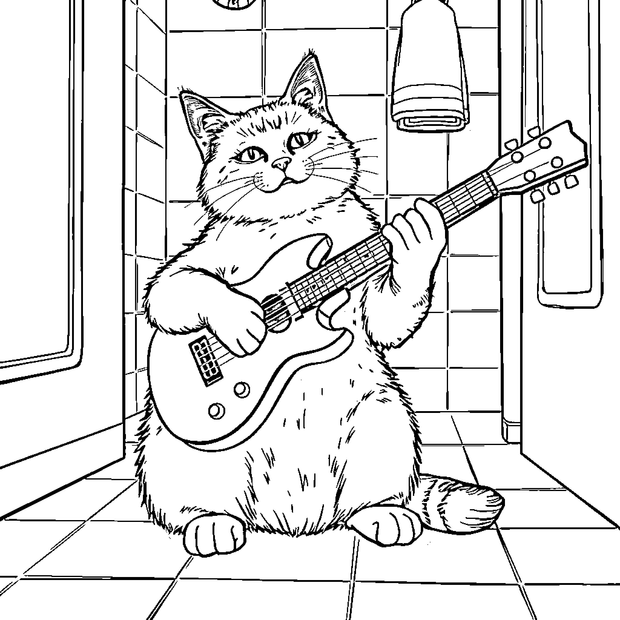Cat Playing Guitar in Home Coloring Page (free black-and-white line drawing printable PDF for all, from beginners to advanced learners, including children, teens, adults, and seniors)