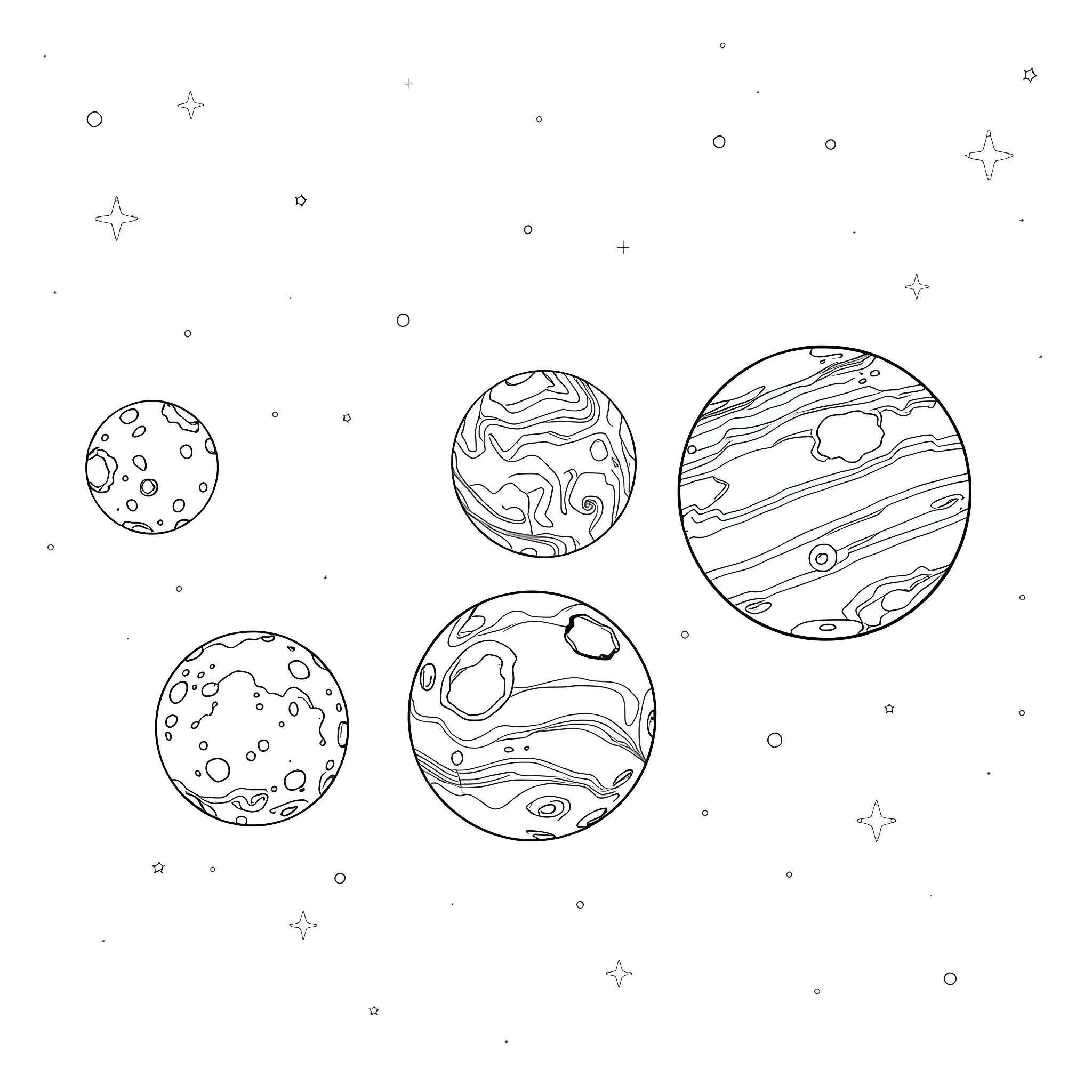 Dwarf Planets floating in the starry cosmos Coloring Page (free black-and-white line drawing printable PDF for all, from beginners to advanced learners, including children, teens, adults, and seniors)