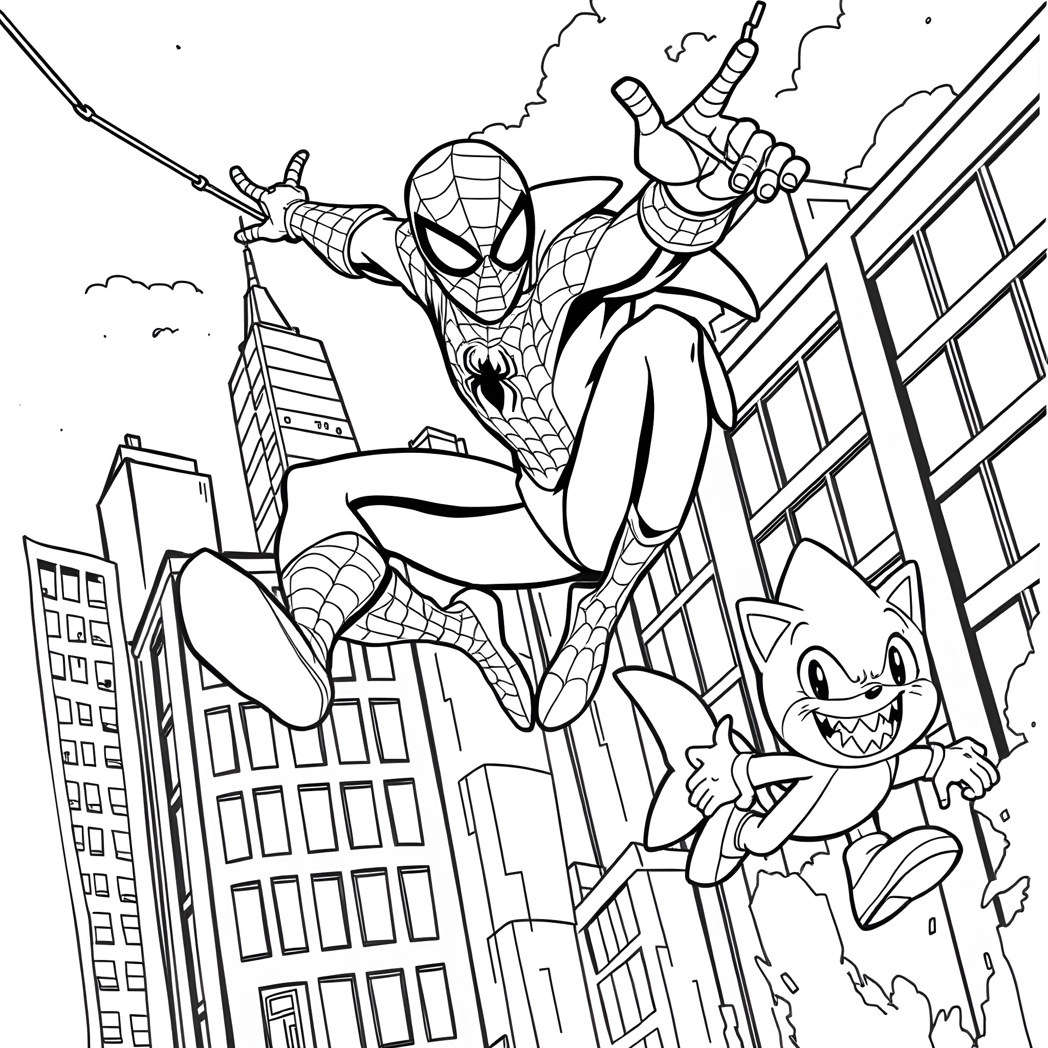 Spider-Man swinging through the city with a sidekick Coloring Page (free black-and-white line drawing printable PDF for all, from beginners to advanced learners, including children, teens, adults, and seniors)