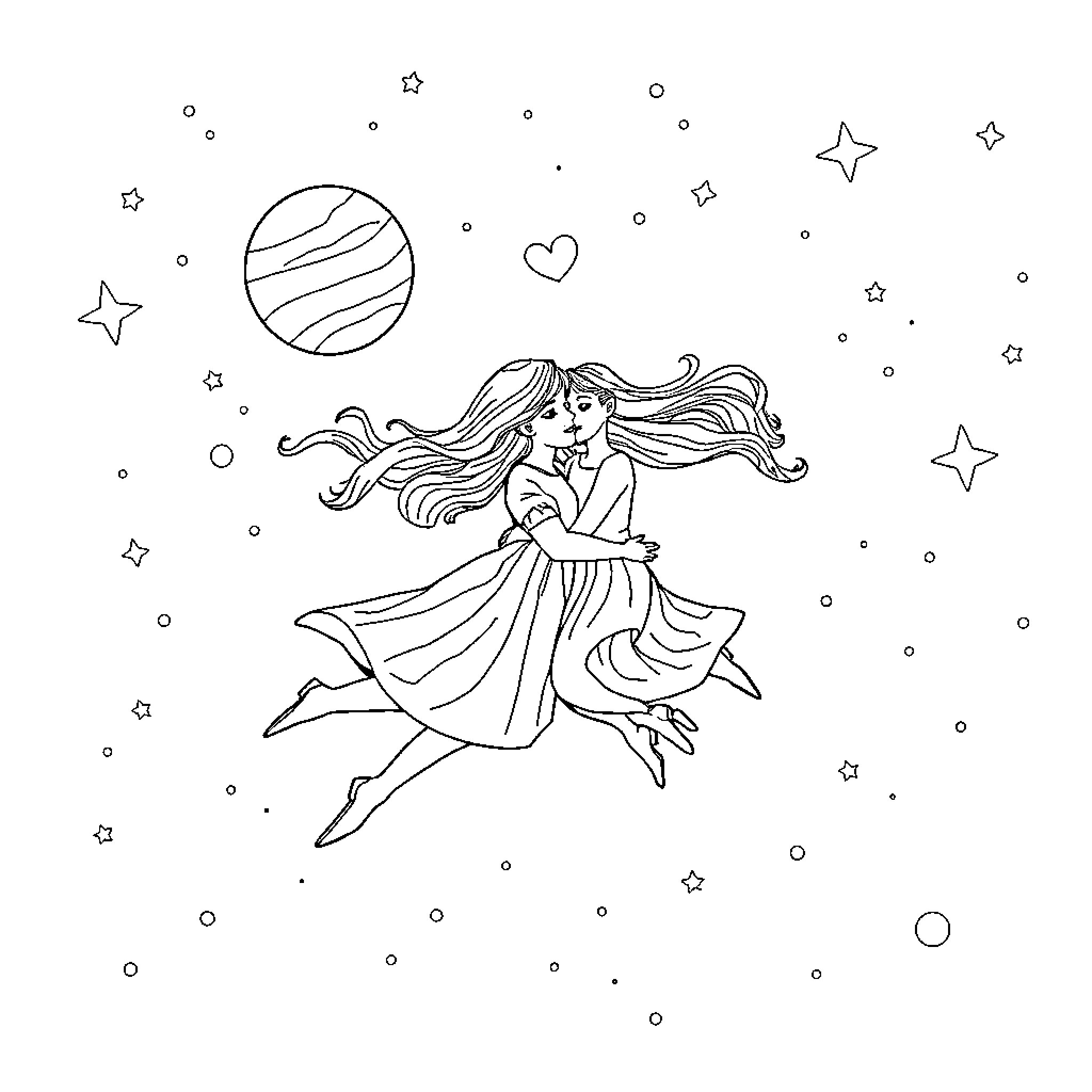 Maria Luisa Dances Among the Stars Coloring Page (free black-and-white line drawing printable PDF for all, from beginners to advanced learners, including children, teens, adults, and seniors)