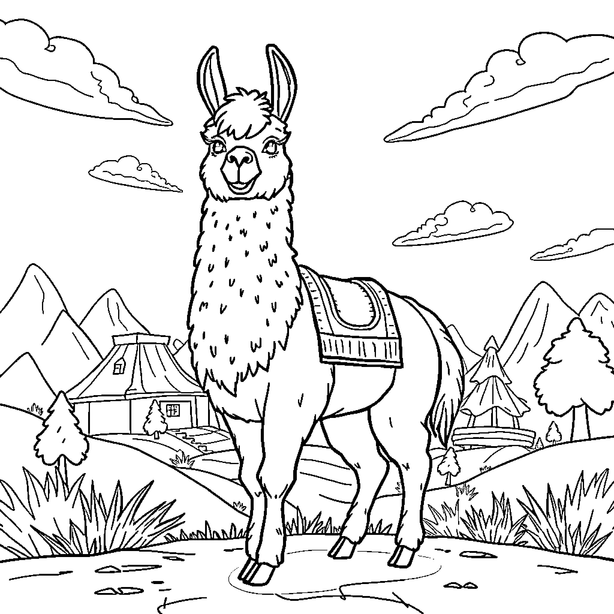 Llama standing tall in a scenic mountain landscape Coloring Page (free black-and-white line drawing printable PDF for all, from beginners to advanced learners, including children, teens, adults, and seniors)