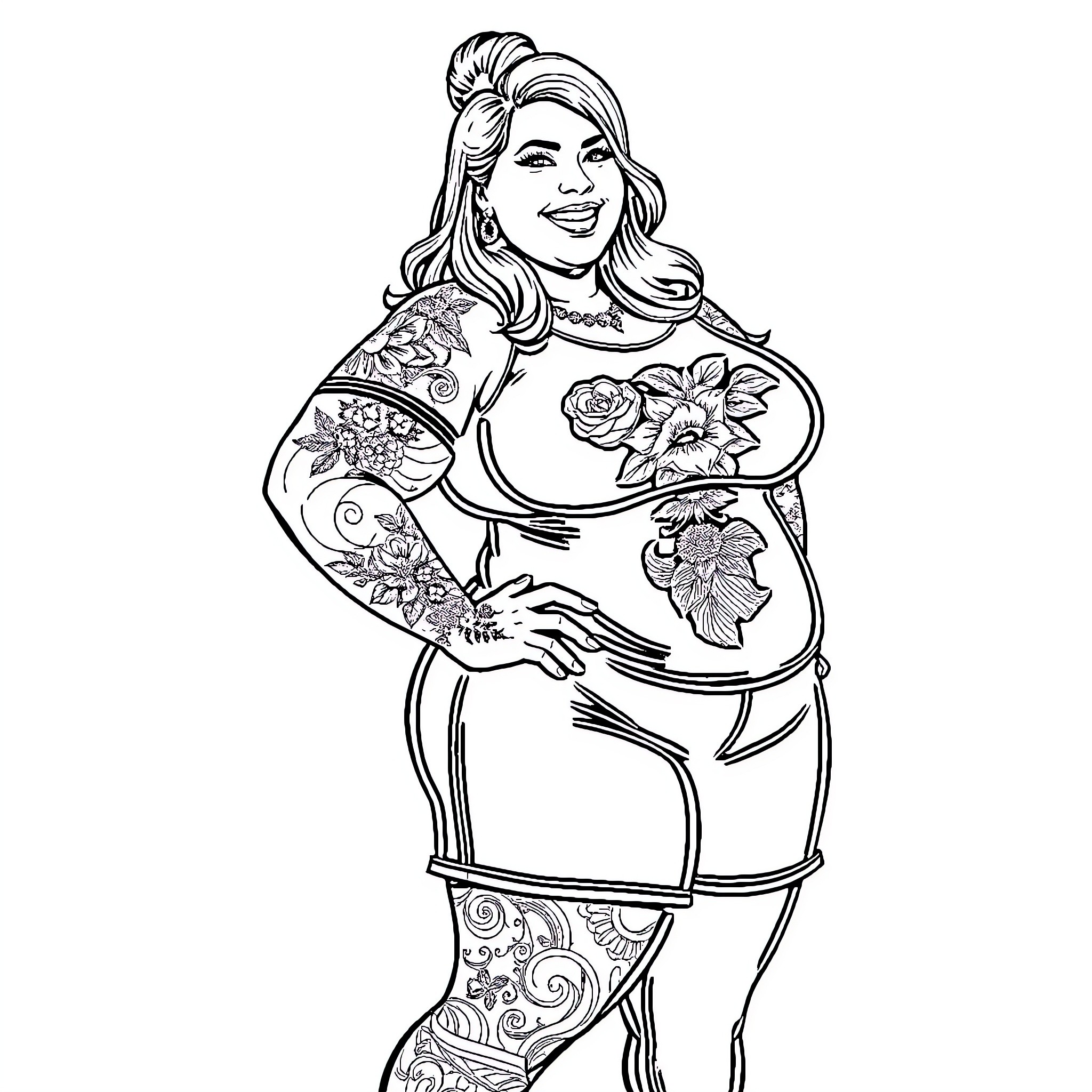Woman with Floral Tattoos and Cheerful Expression Coloring Page (free black-and-white line drawing printable PDF for all, from beginners to advanced learners, including children, teens, adults, and seniors)