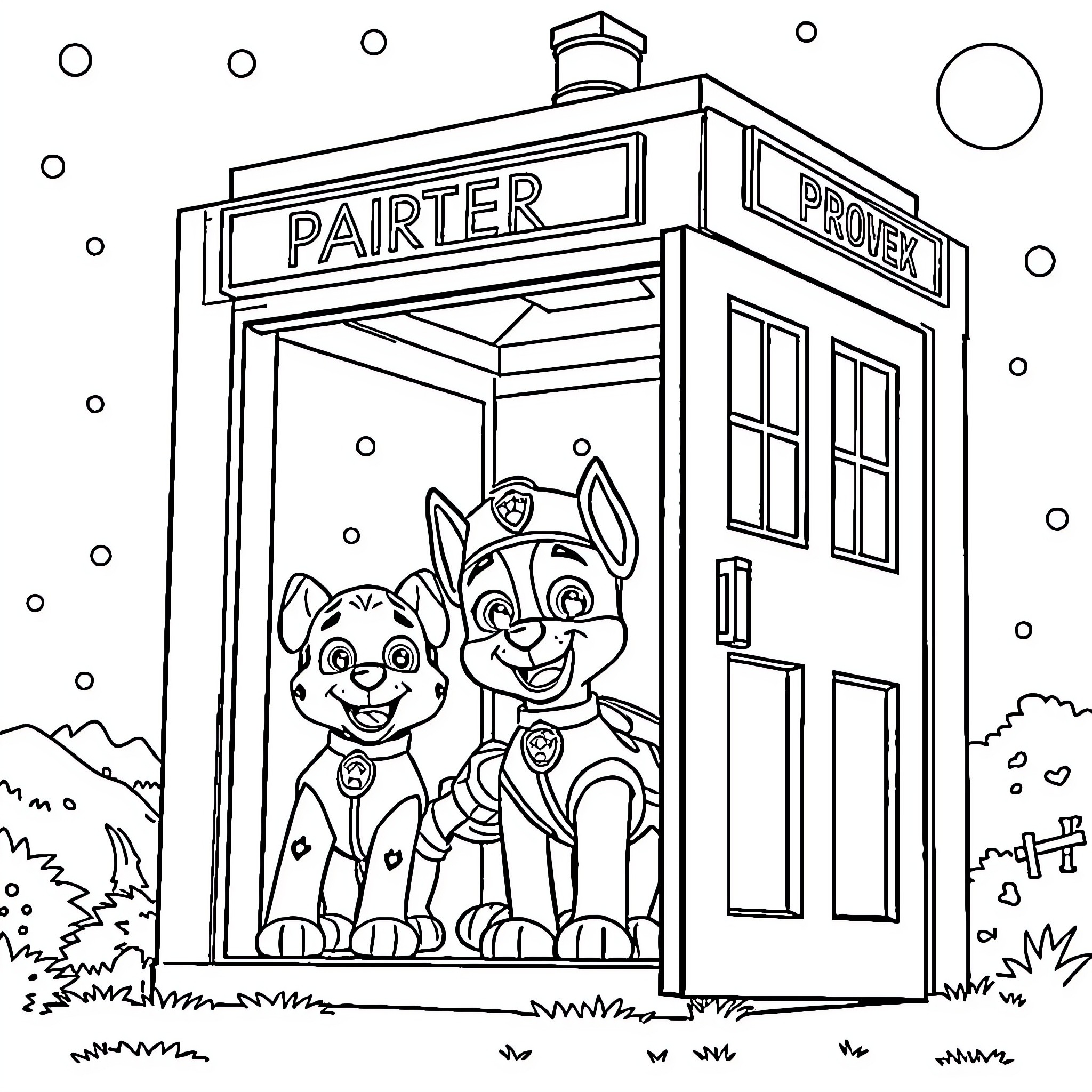 Paw Patrol characters in Paw Patrol themed police box Coloring Page (free black-and-white line drawing printable PDF for all, from beginners to advanced learners, including children, teens, adults, and seniors)