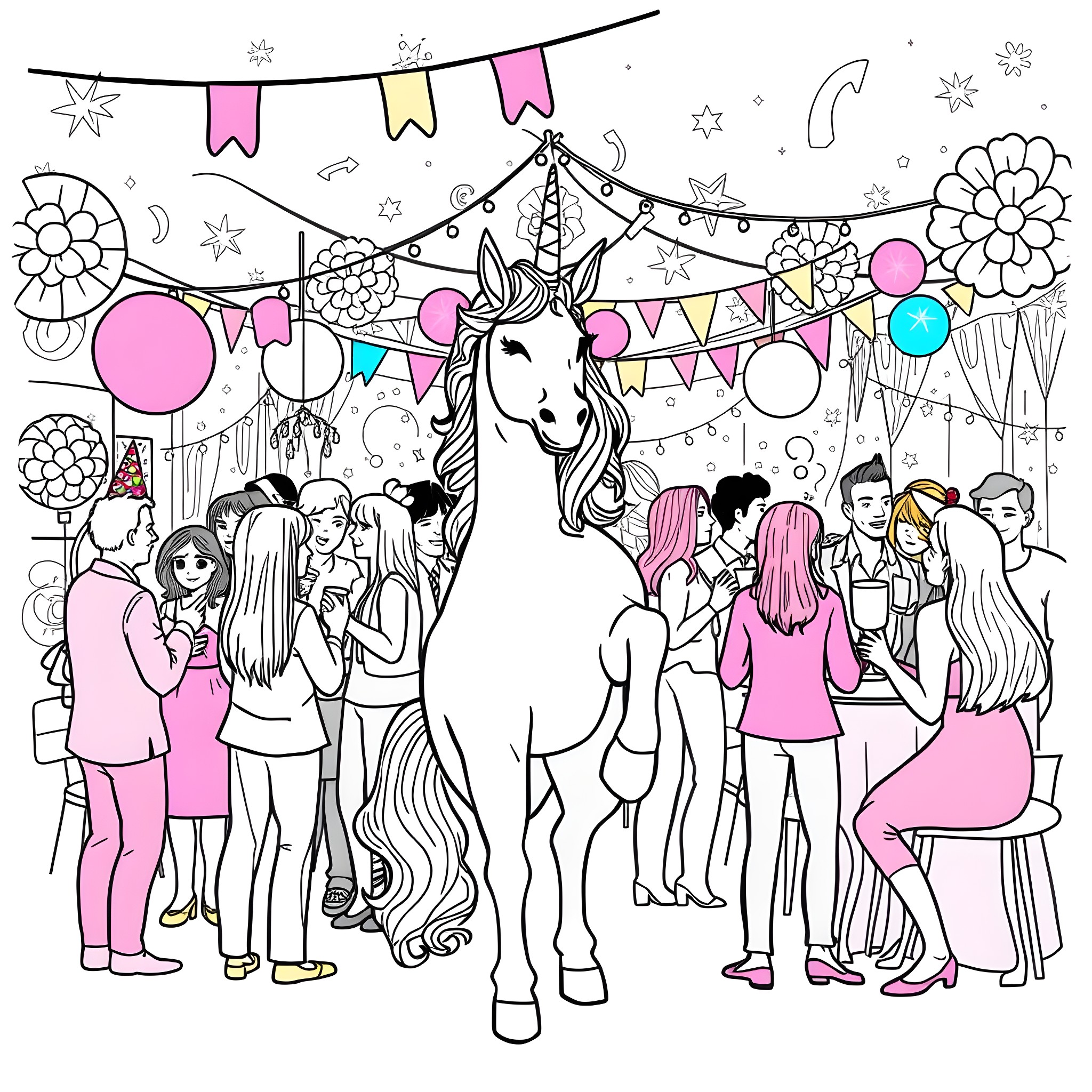 Unicorn and Friends Celebrating at a Party Coloring Page (free black-and-white line drawing printable PDF for all, from beginners to advanced learners, including children, teens, adults, and seniors)
