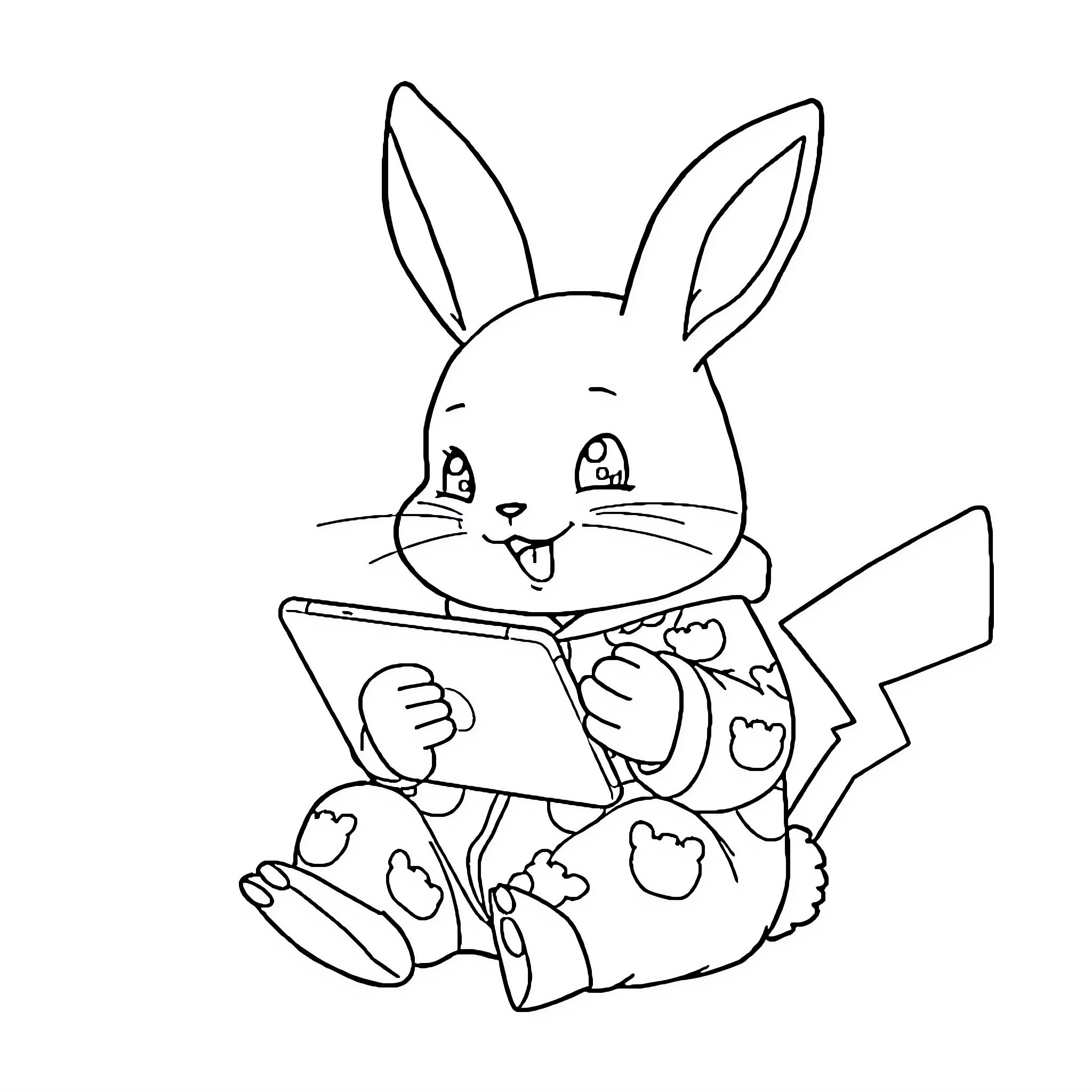 Bunny reading a book happily Coloring Page (free black-and-white line drawing printable PDF for all, from beginners to advanced learners, including children, teens, adults, and seniors)