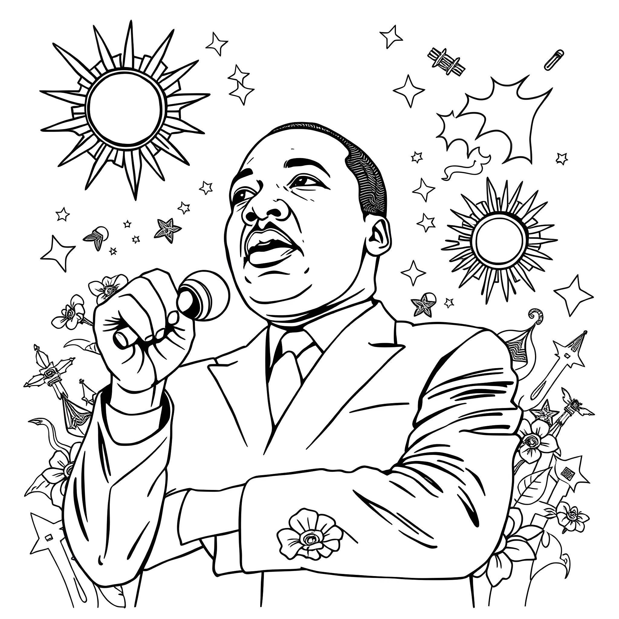 Martin Luther King Jr. Delivering Inspiring Speech with Passion Coloring Page (free black-and-white line drawing printable PDF for all, from beginners to advanced learners, including children, teens, adults, and seniors)