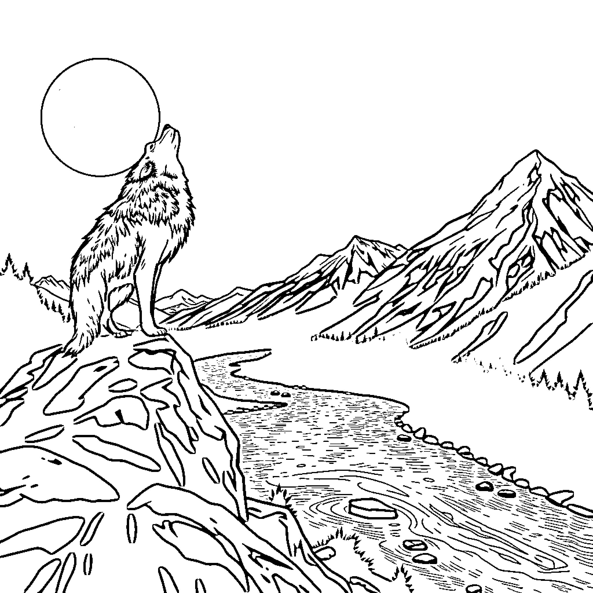 Wolf howling under the moonlight in the mountains Coloring Page (free black-and-white line drawing printable PDF for all, from beginners to advanced learners, including children, teens, adults, and seniors)