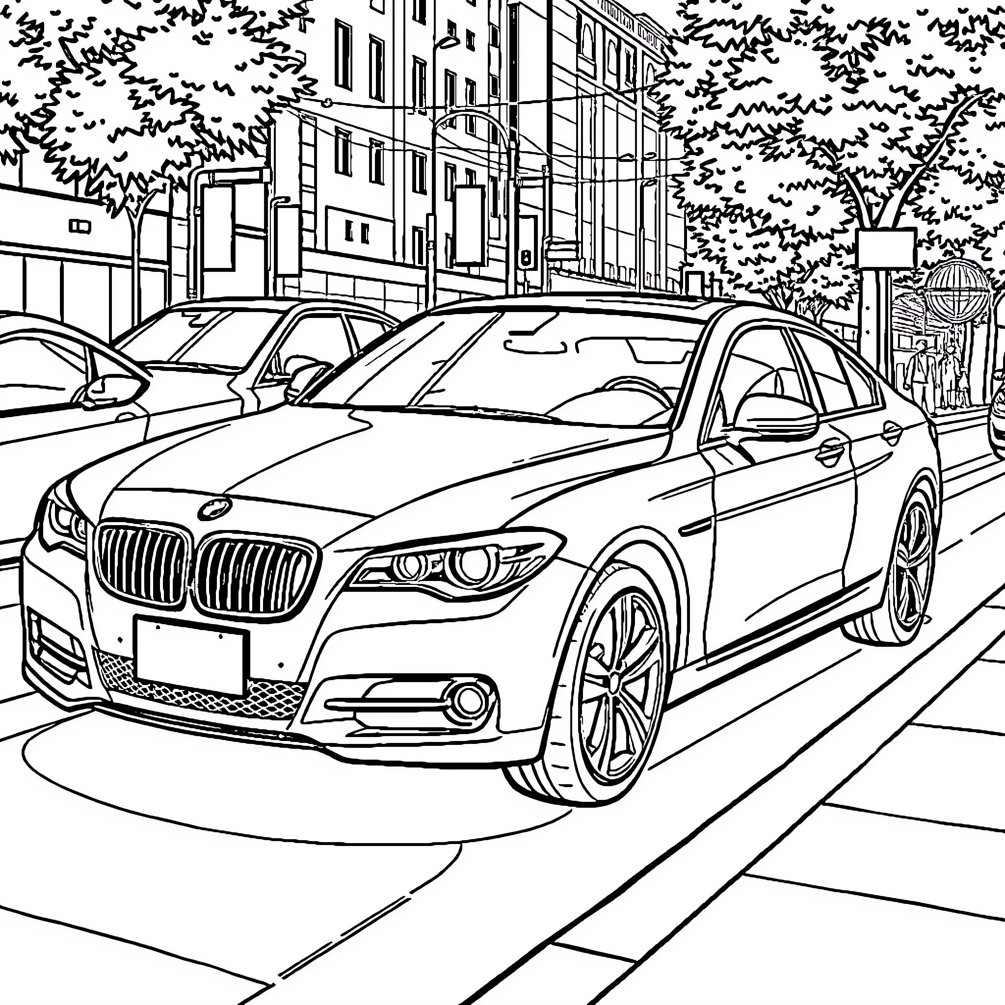 Car parked in the city street Coloring Page (free black-and-white line drawing printable PDF for all, from beginners to advanced learners, including children, teens, adults, and seniors)