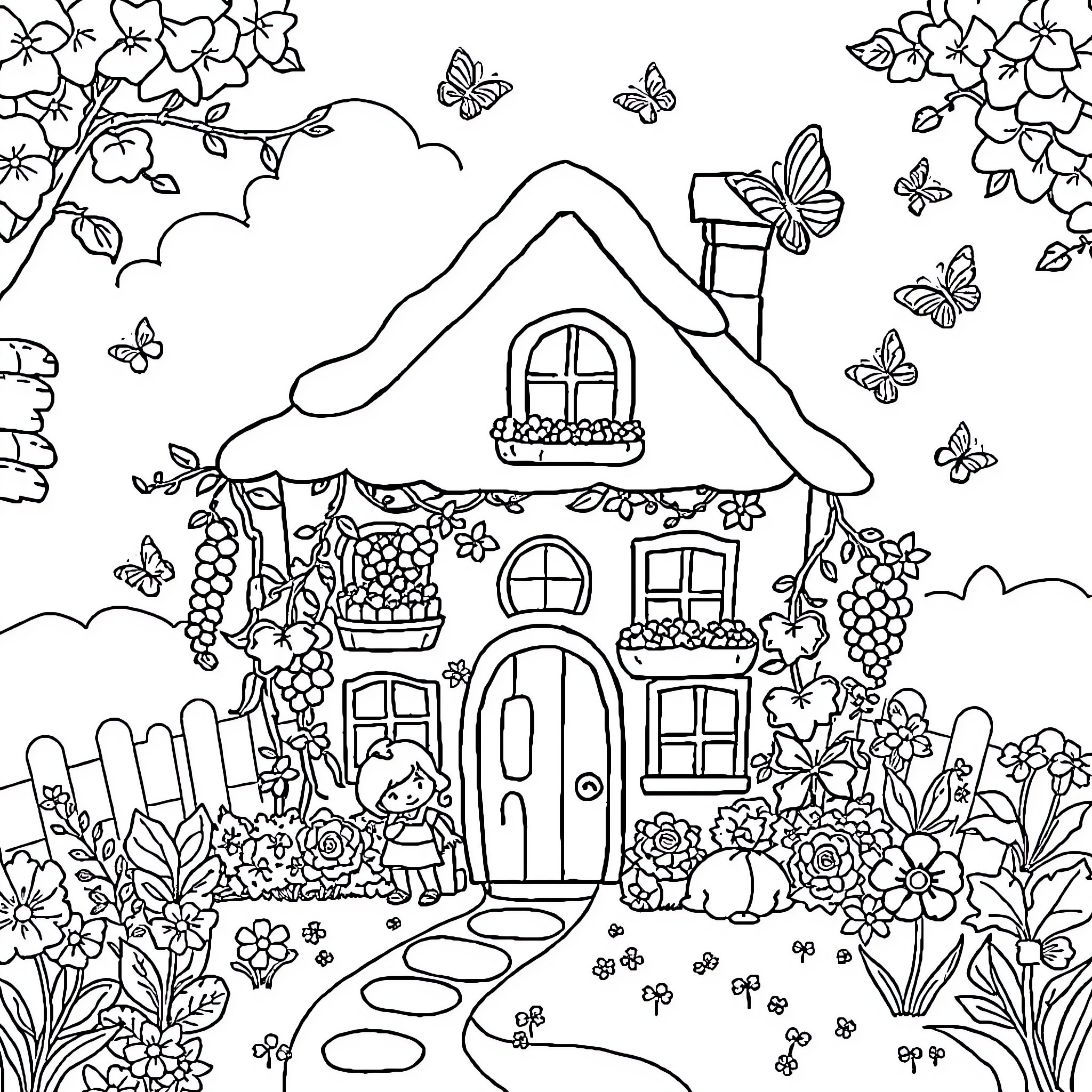 Cartoon Cat's Cozy Cottage in Bloom Coloring Page (free black-and-white line drawing printable PDF for all, from beginners to advanced learners, including children, teens, adults, and seniors)