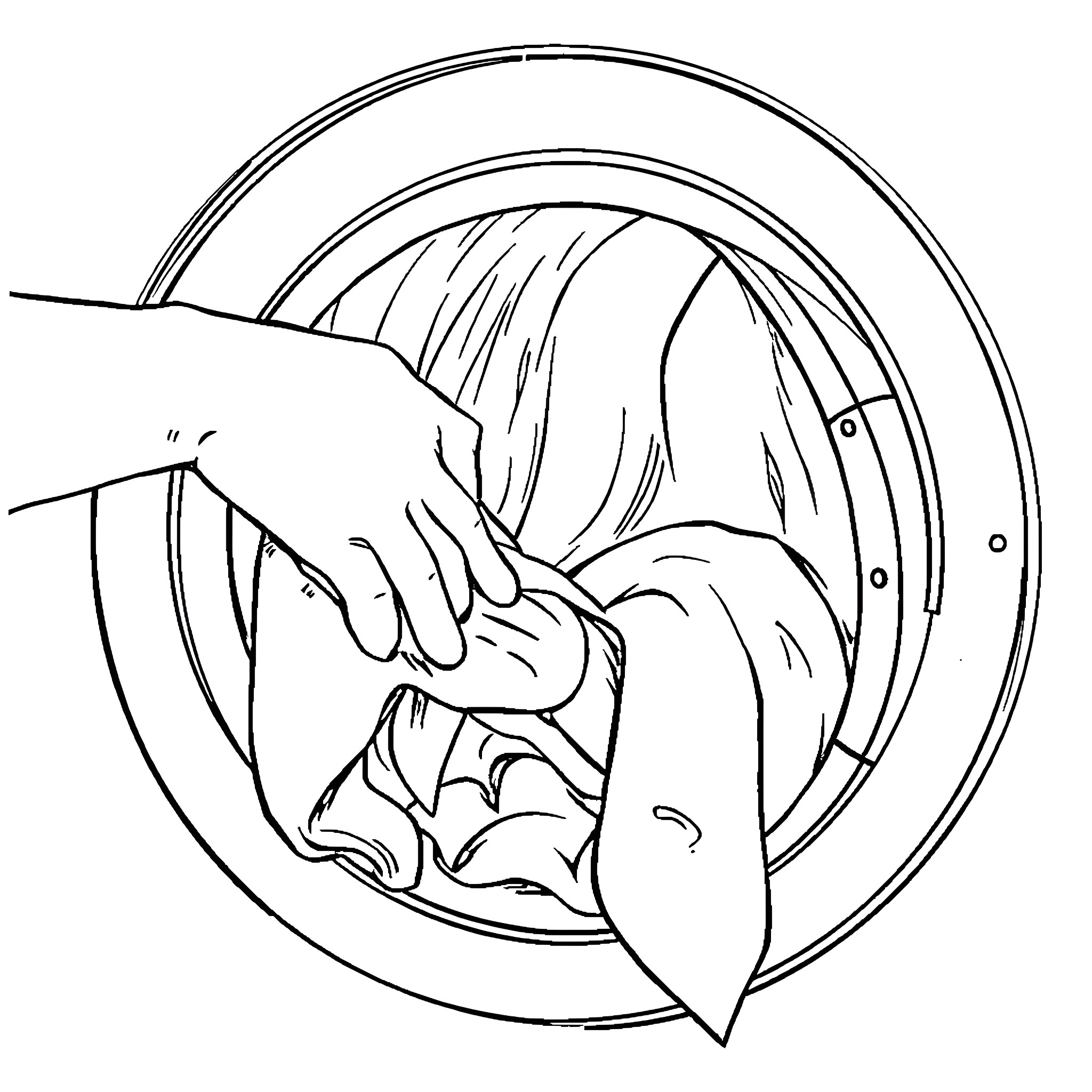 Washing Machine with Clothes in Motion Coloring Page (free black-and-white line drawing printable PDF for all, from beginners to advanced learners, including children, teens, adults, and seniors)