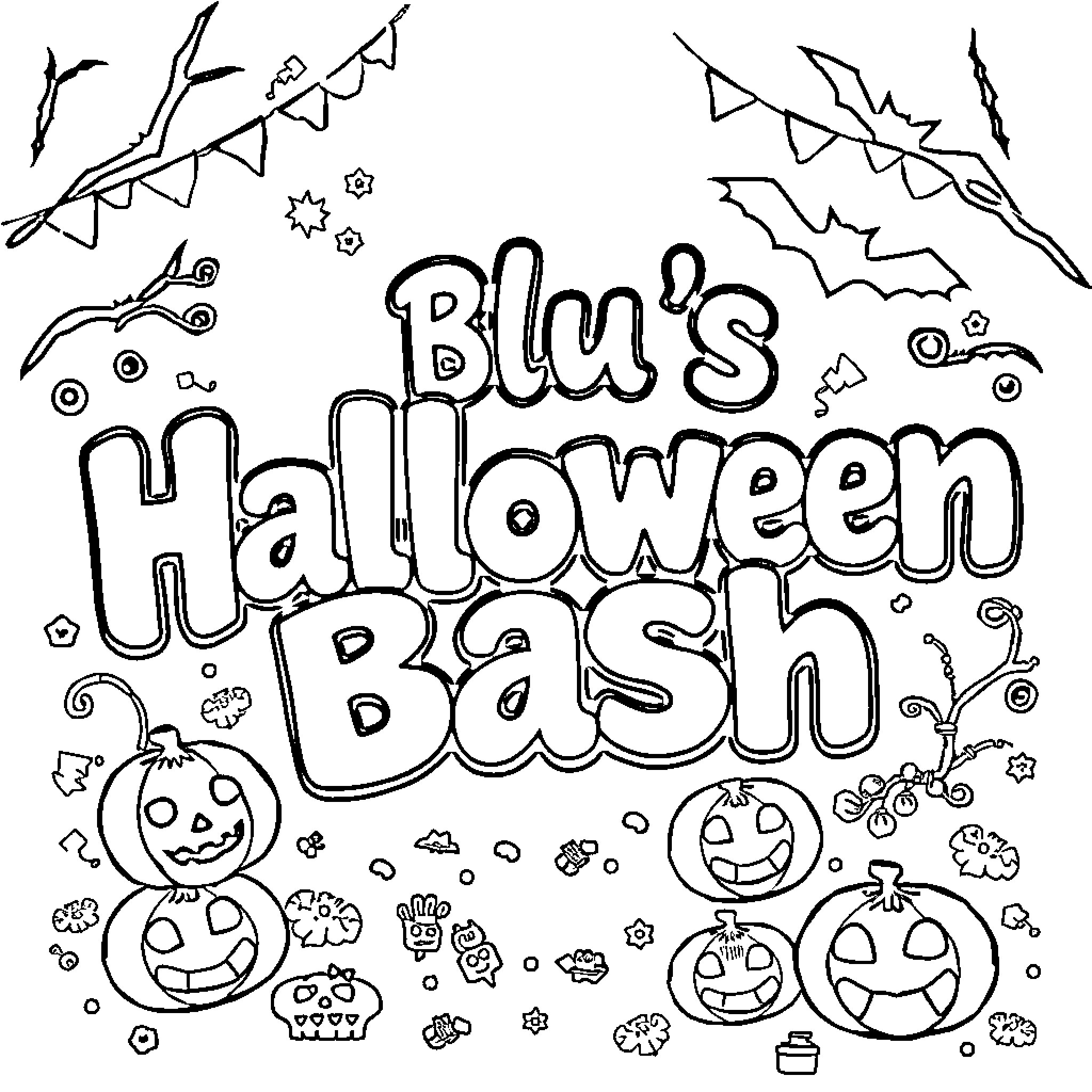 Blu's Halloween Bash Coloring Page (free black-and-white line drawing printable PDF for all, from beginners to advanced learners, including children, teens, adults, and seniors)