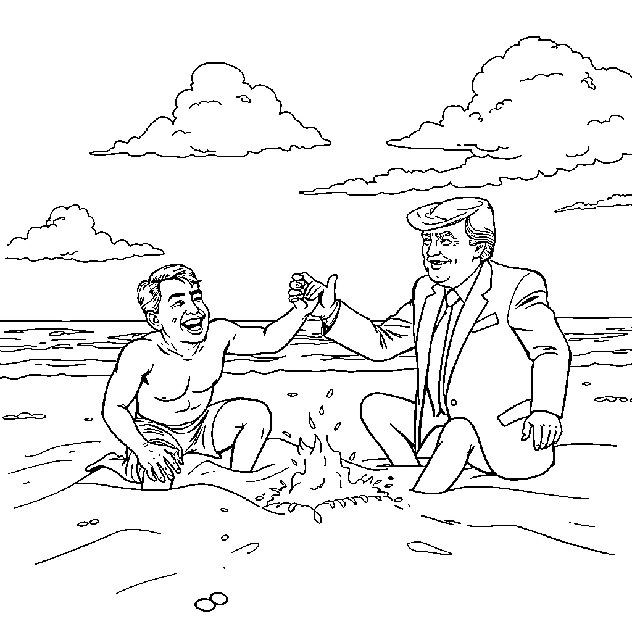 George Weah interacting with an individual on the beach Coloring Page (free black-and-white line drawing printable PDF for all, from beginners to advanced learners, including children, teens, adults, and seniors)