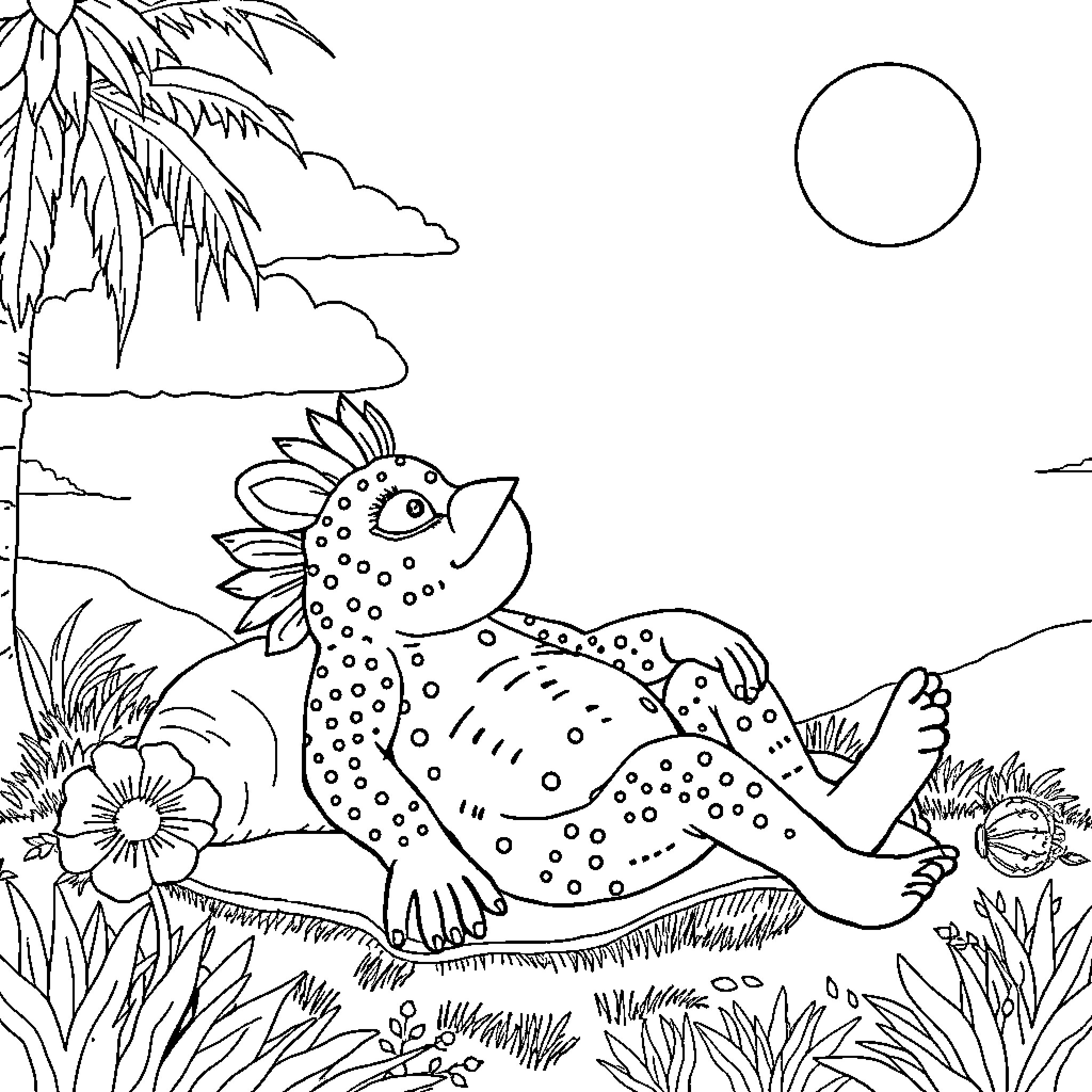 Labubu's Relaxing Day in the Tropical Landscape Coloring Page (free black-and-white line drawing printable PDF for all, from beginners to advanced learners, including children, teens, adults, and seniors)