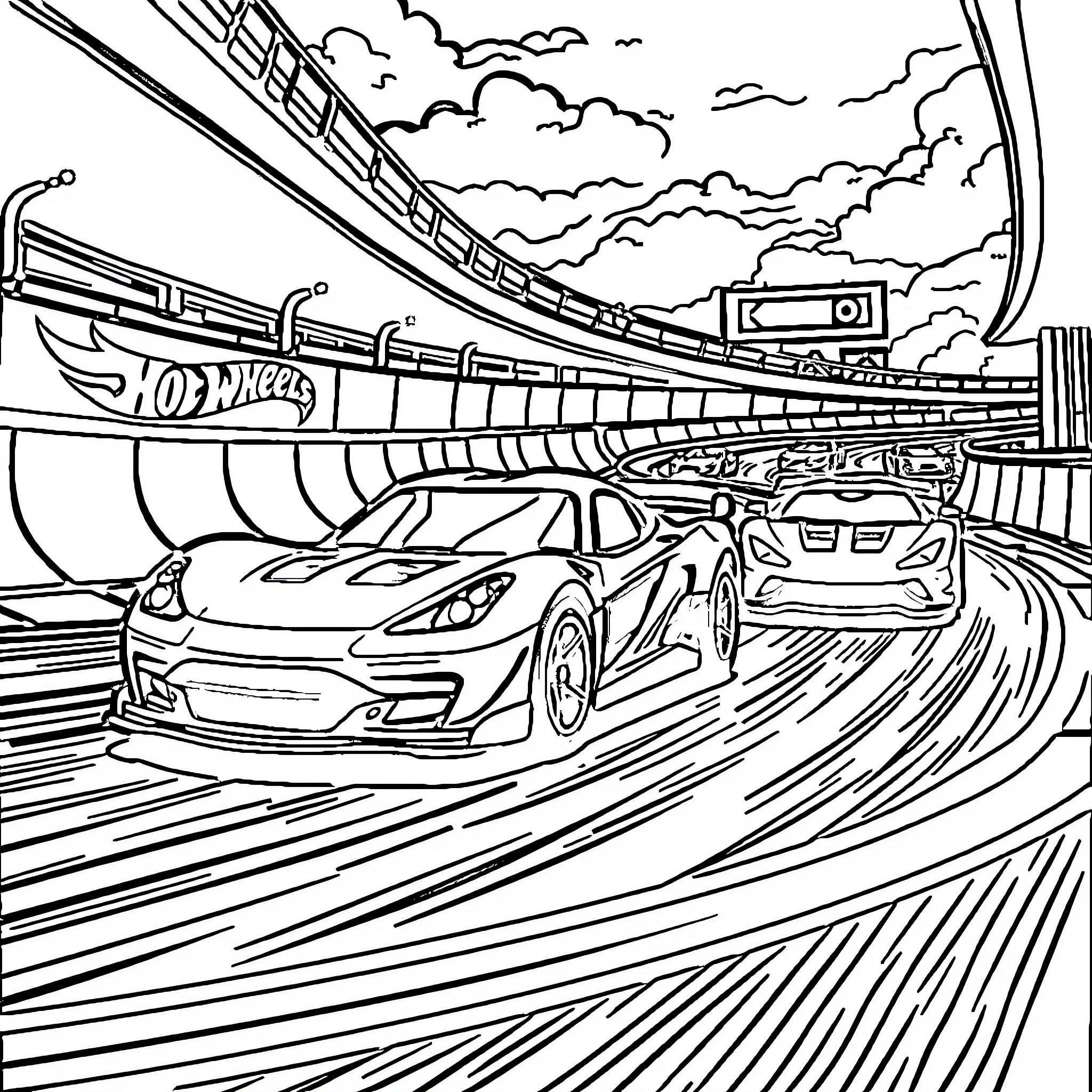 Hot Wheels racing on a winding track Coloring Page (free black-and-white line drawing printable PDF for all, from beginners to advanced learners, including children, teens, adults, and seniors)