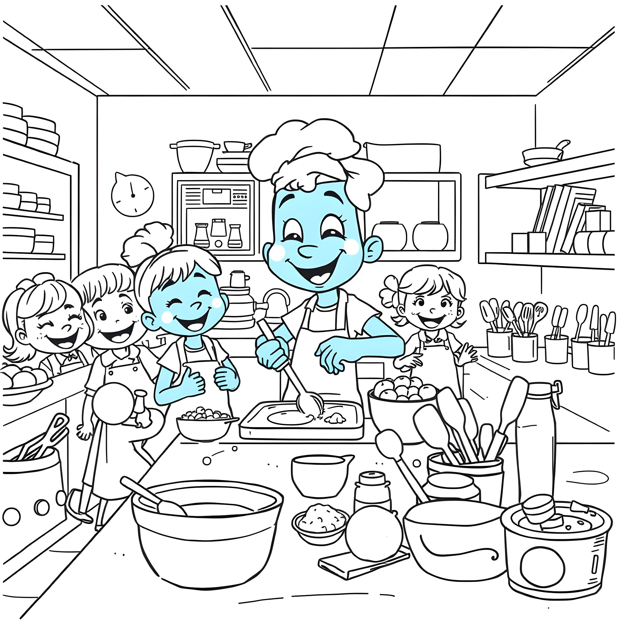 Bluey's Family Cooking Frenzy Coloring Page (free black-and-white line drawing printable PDF for all, from beginners to advanced learners, including children, teens, adults, and seniors)