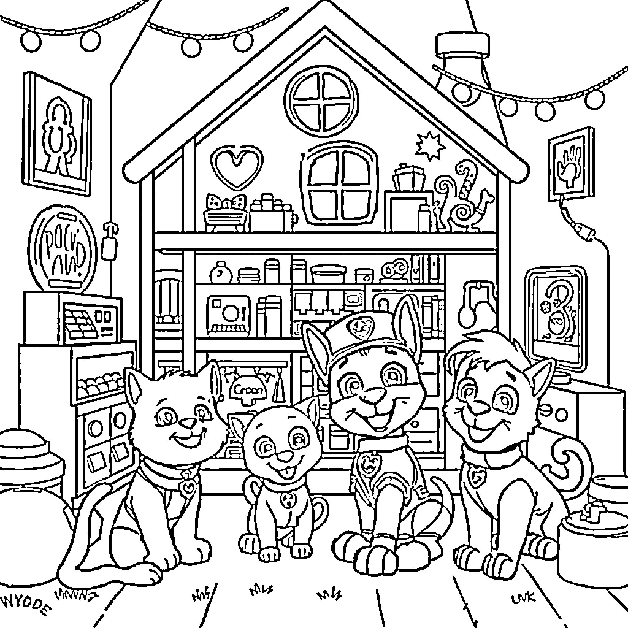 Gabby's Cozy Playhouse with Kittens Coloring Page (free black-and-white line drawing printable PDF for all, from beginners to advanced learners, including children, teens, adults, and seniors)
