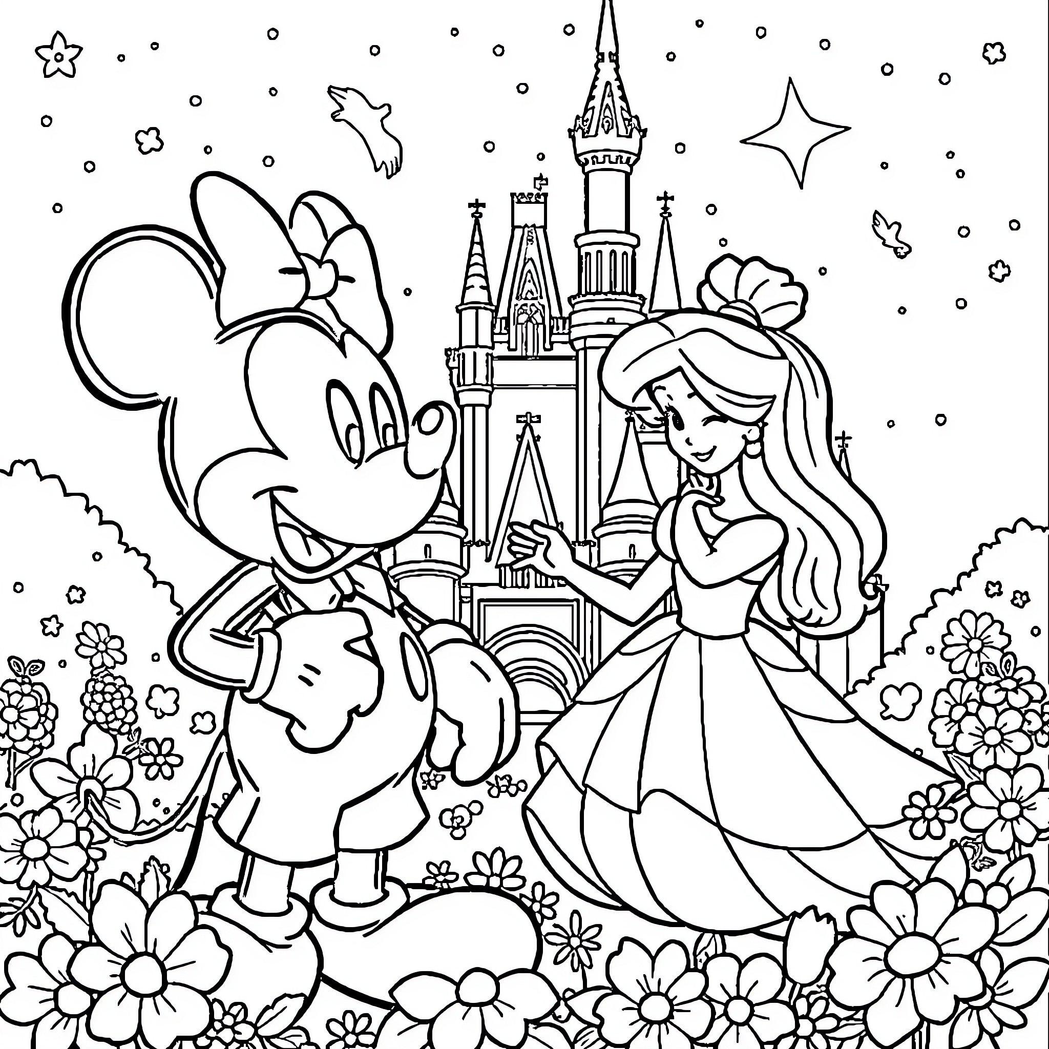 Disney characters in a magical castle scene Coloring Page (free black-and-white line drawing printable PDF for all, from beginners to advanced learners, including children, teens, adults, and seniors)