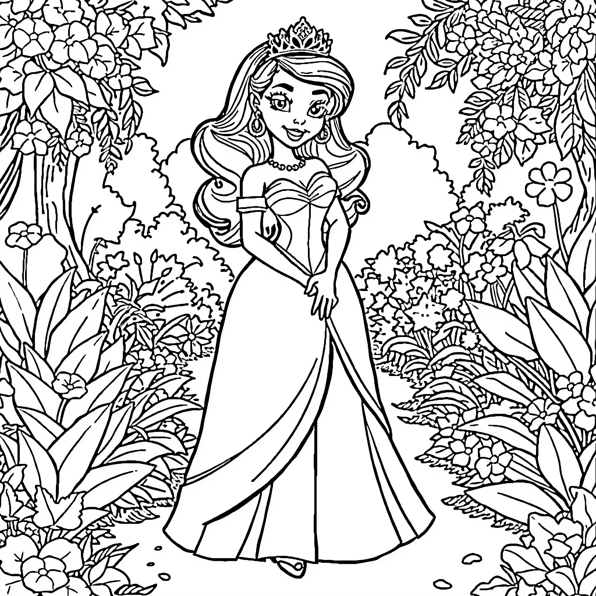 Princess Tiana in a magical floral garden Coloring Page (free black-and-white line drawing printable PDF for all, from beginners to advanced learners, including children, teens, adults, and seniors)