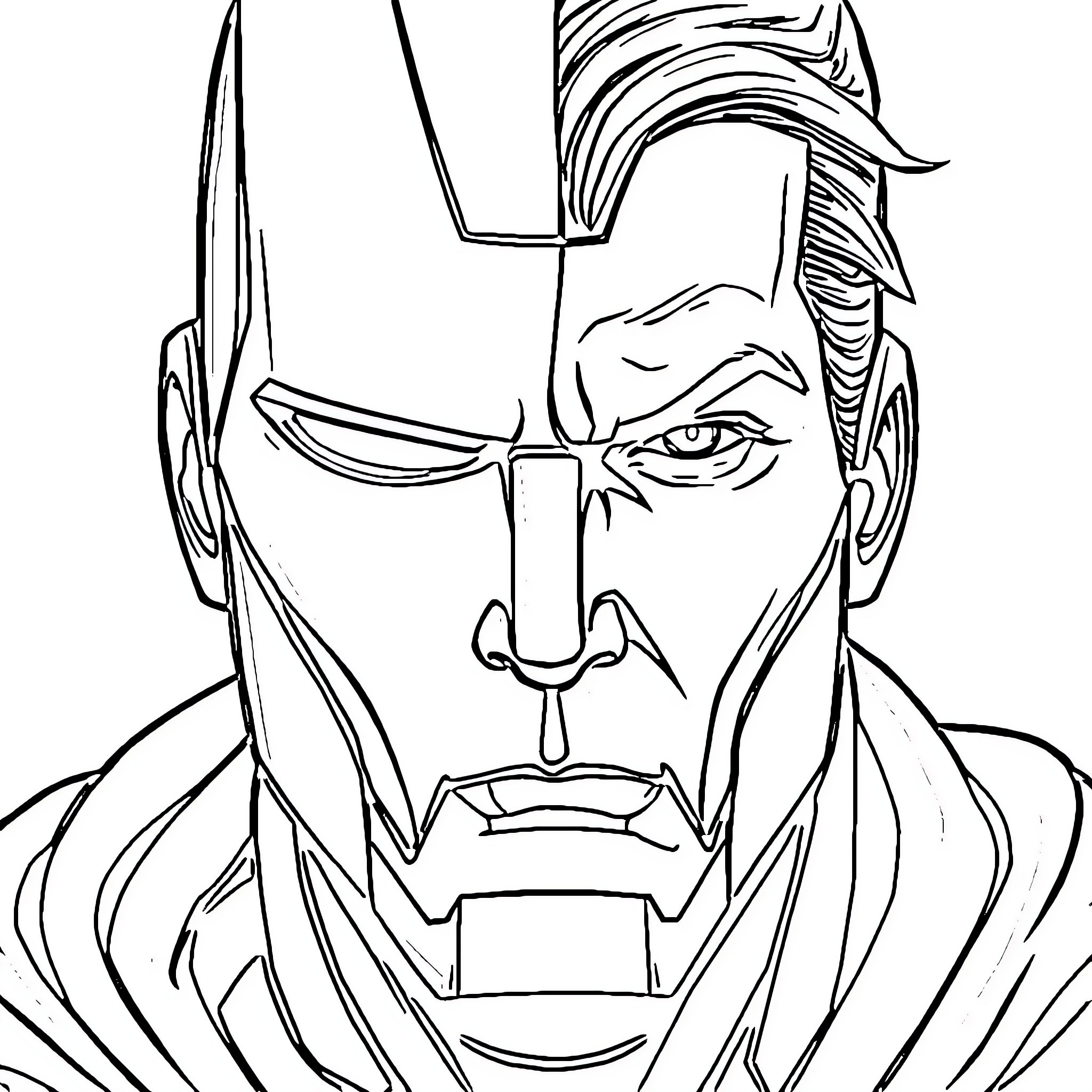 Iron Man in a pensive and introspective pose Coloring Page (free black-and-white line drawing printable PDF for all, from beginners to advanced learners, including children, teens, adults, and seniors)