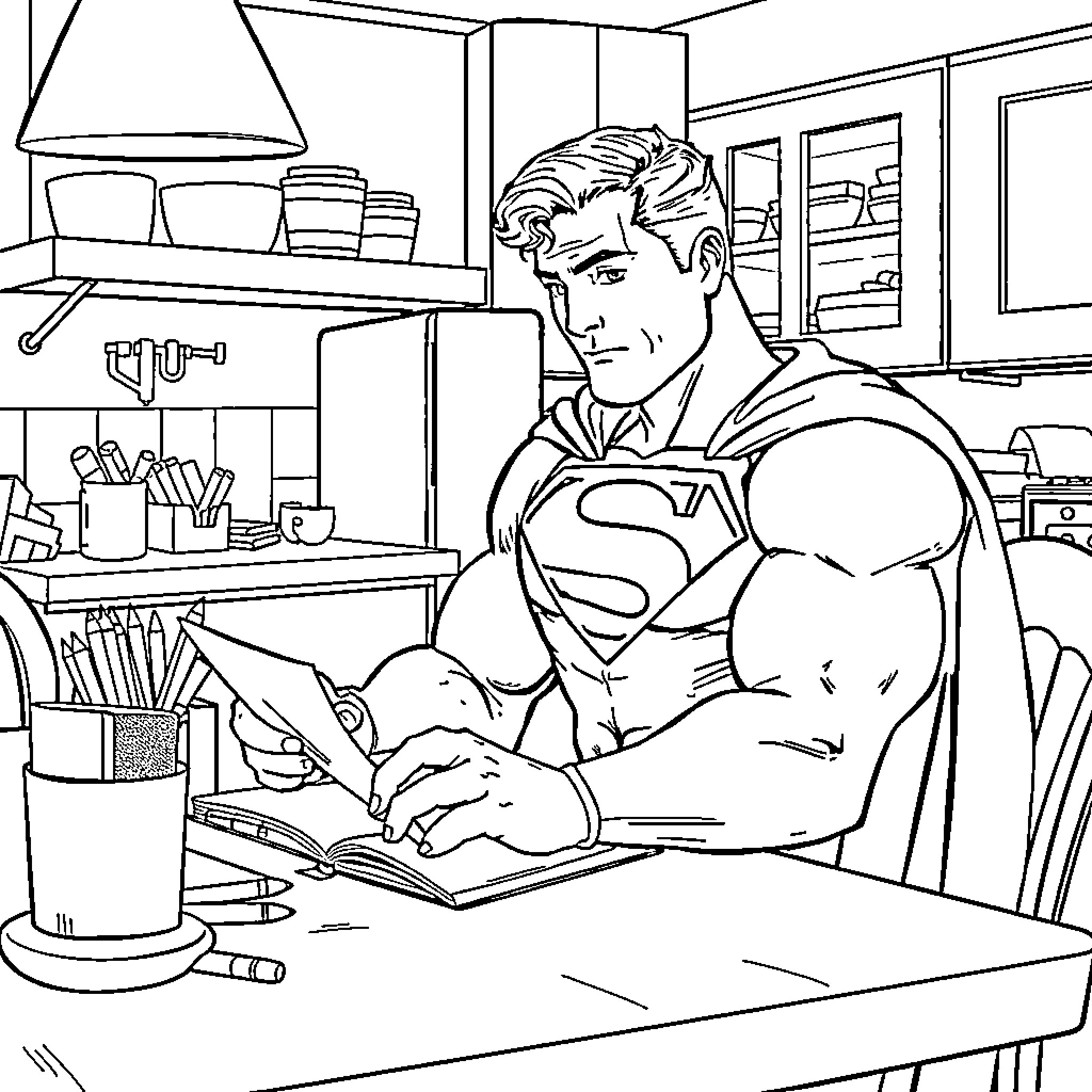 Superman working diligently at his desk Coloring Page (free black-and-white line drawing printable PDF for all, from beginners to advanced learners, including children, teens, adults, and seniors)