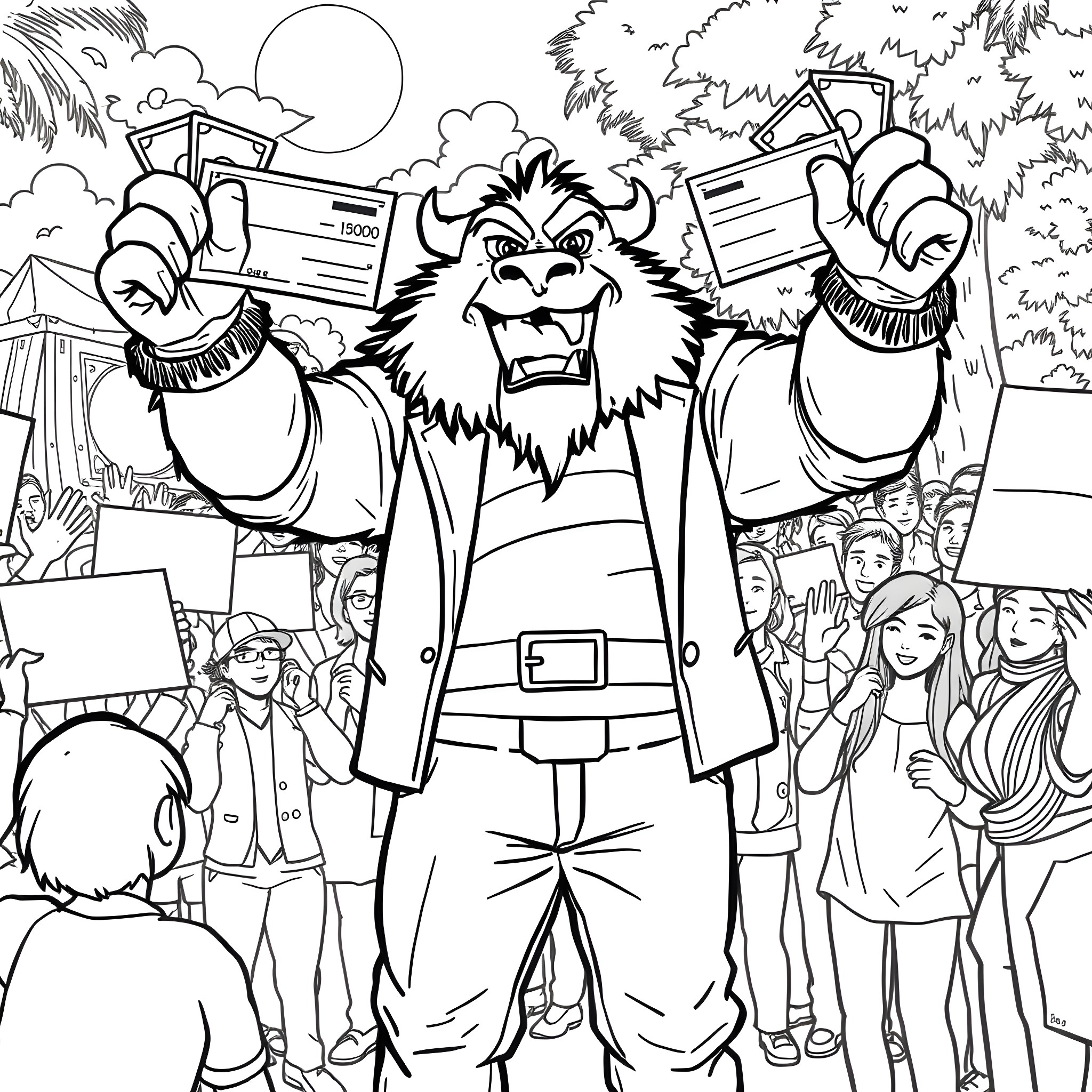 Mr Beast Entertains Crowd with Exaggerated Expressions Coloring Page (free black-and-white line drawing printable PDF for all, from beginners to advanced learners, including children, teens, adults, and seniors)