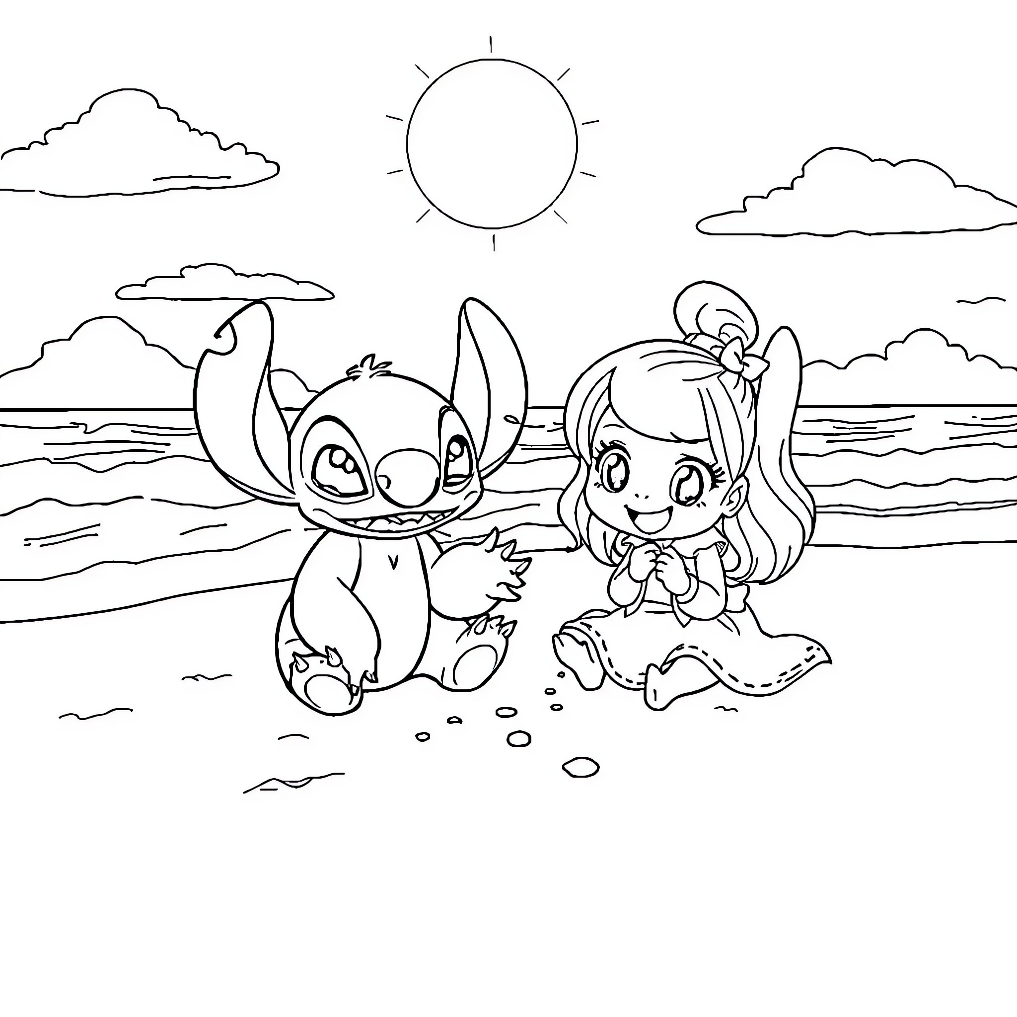 Stitch and Girl Playing on the Beach Coloring Page (free black-and-white line drawing printable PDF for all, from beginners to advanced learners, including children, teens, adults, and seniors)