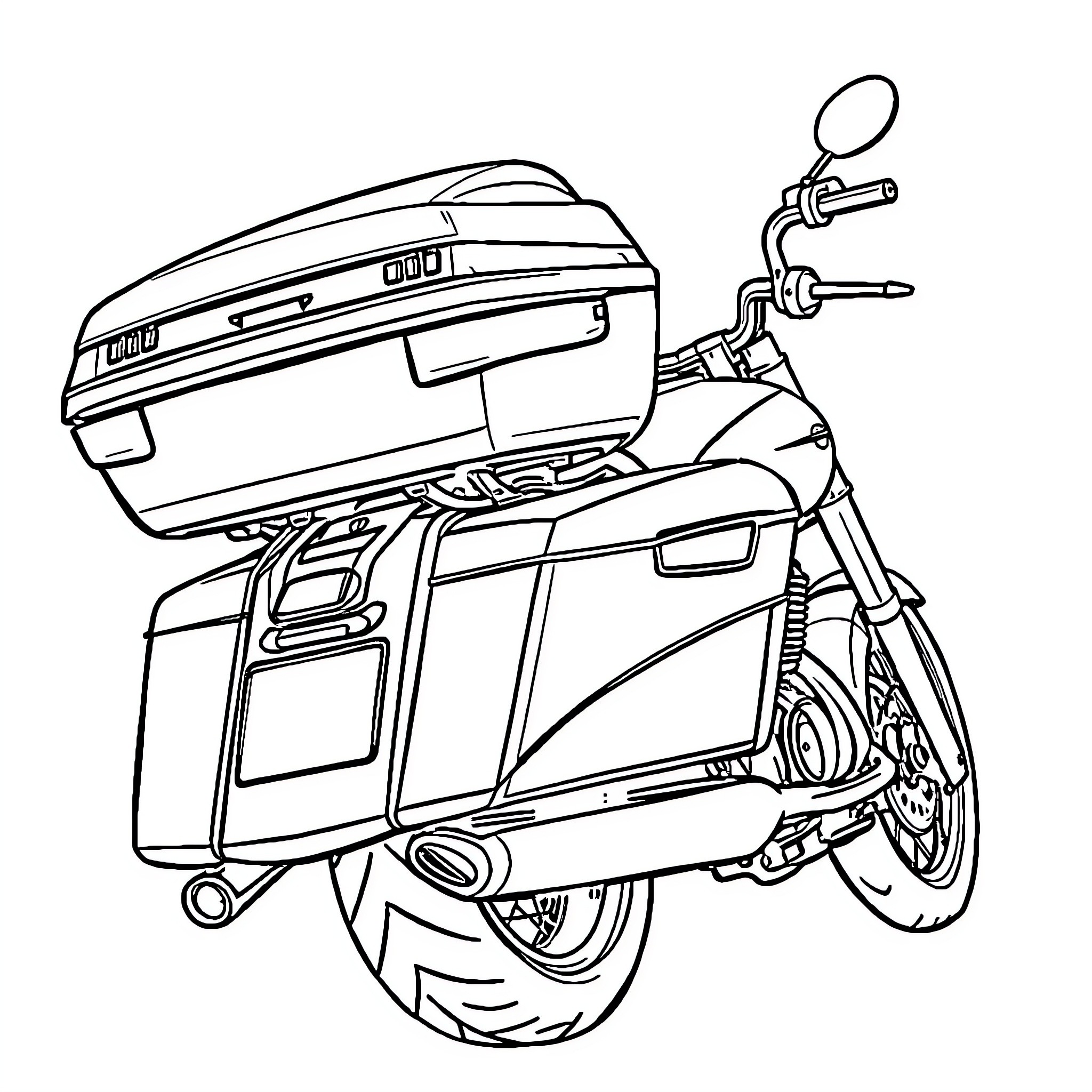 Moto rider with loaded touring motorcycle Coloring Page (free black-and-white line drawing printable PDF for all, from beginners to advanced learners, including children, teens, adults, and seniors)