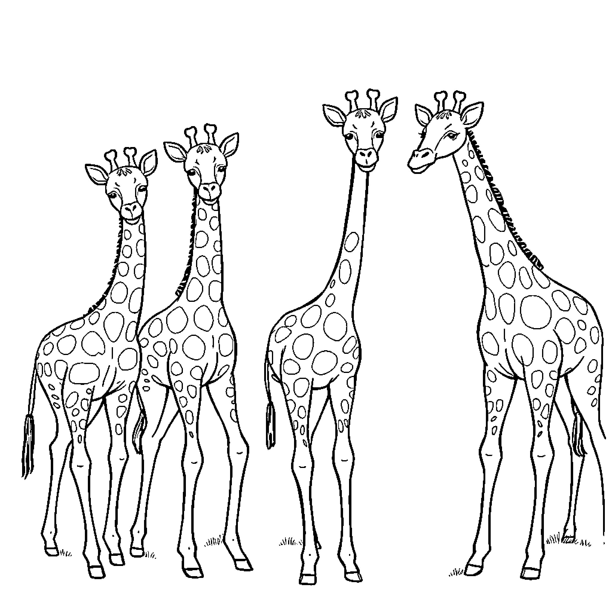 Giraffe family gathering Coloring Page (free black-and-white line drawing printable PDF for all, from beginners to advanced learners, including children, teens, adults, and seniors)