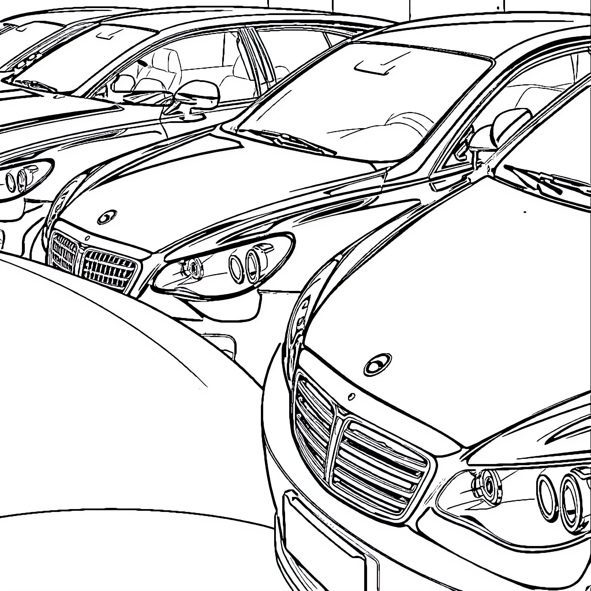 Car Lineup in Showroom Coloring Page (free black-and-white line drawing printable PDF for all, from beginners to advanced learners, including children, teens, adults, and seniors)