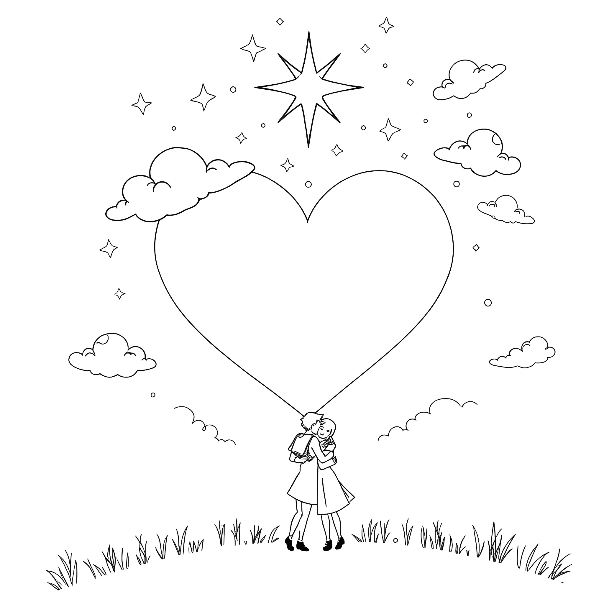 Love in the Starry Night Coloring Page (free black-and-white line drawing printable PDF for all, from beginners to advanced learners, including children, teens, adults, and seniors)