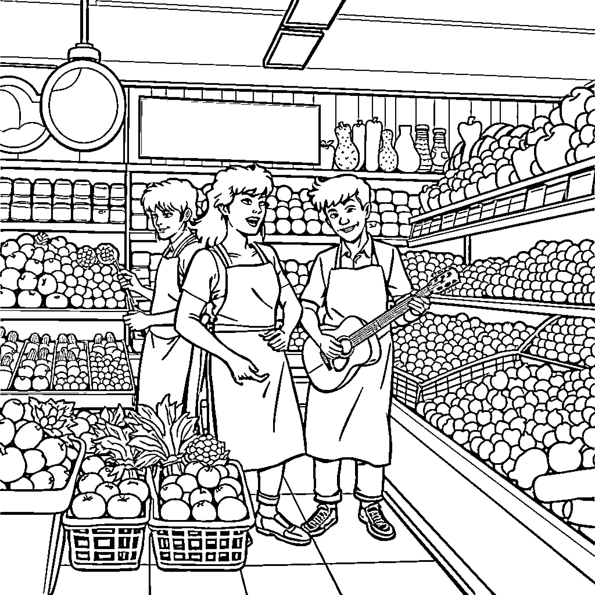 Band performing in grocery store aisle Coloring Page (free black-and-white line drawing printable PDF for all, from beginners to advanced learners, including children, teens, adults, and seniors)